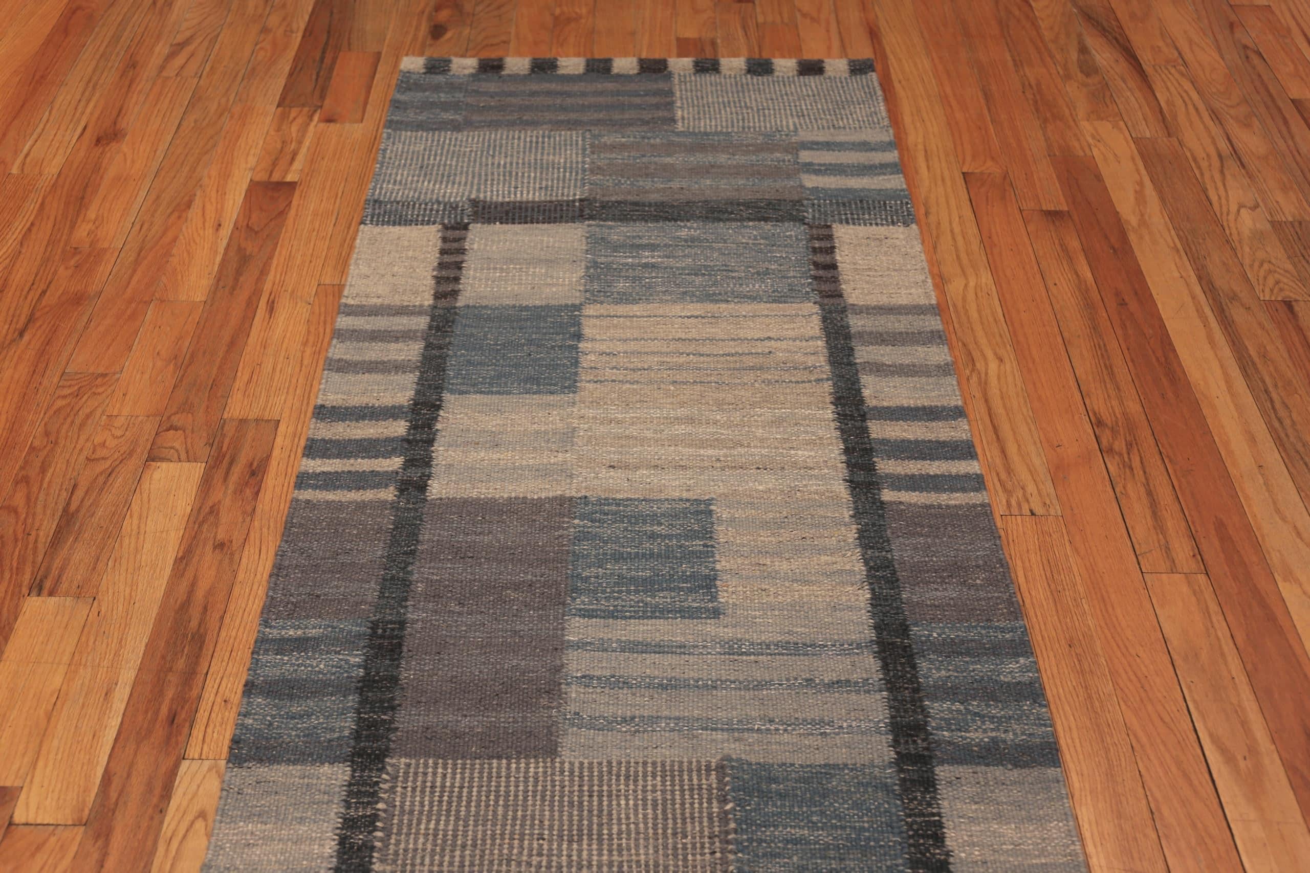 Indian Nazmiyal Collection Modern Swedish Inspired Kilim Runner. 3 ft 1 in x 12 ft 