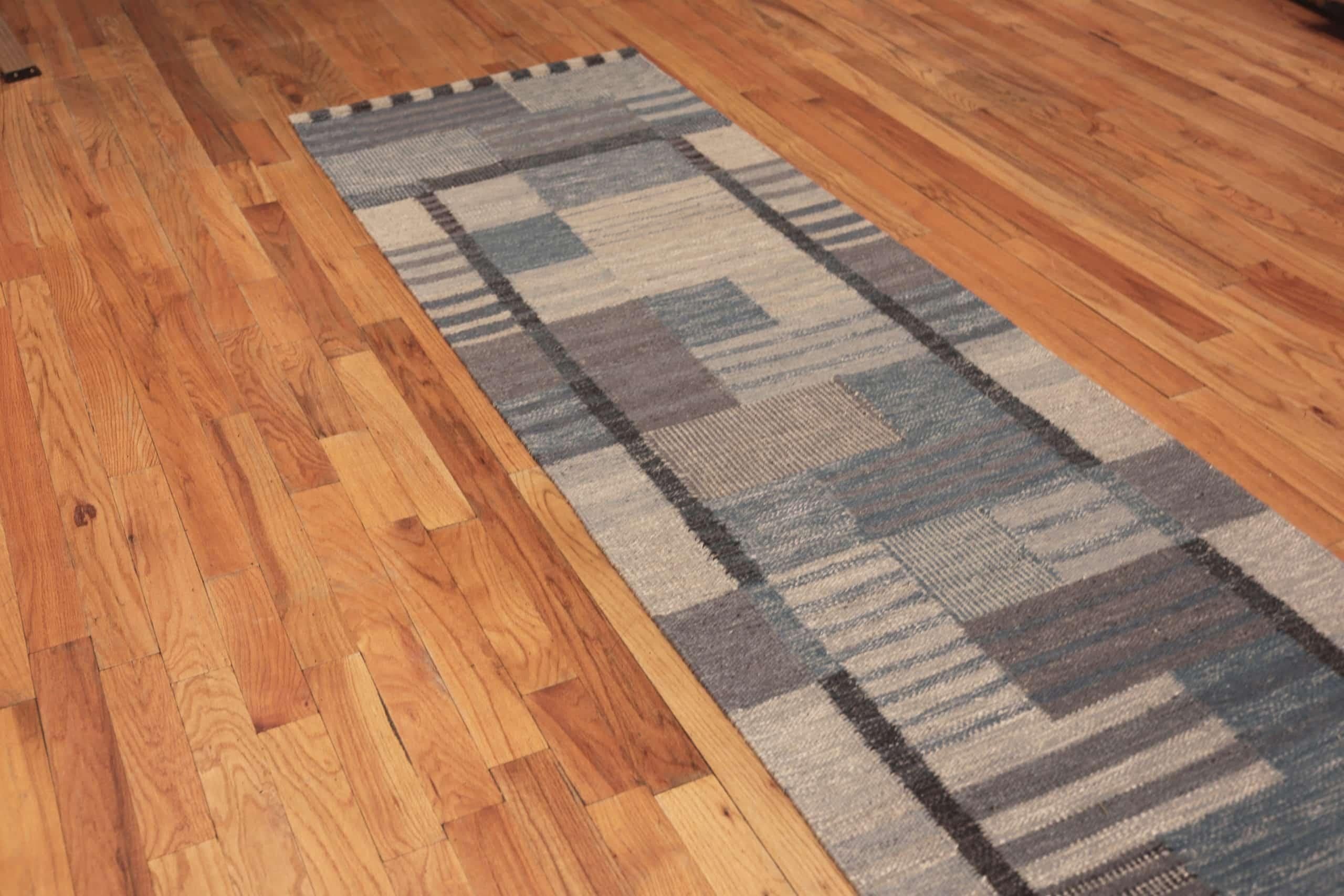 Hand-Woven Nazmiyal Collection Modern Swedish Inspired Kilim Runner. 3 ft 1 in x 12 ft 
