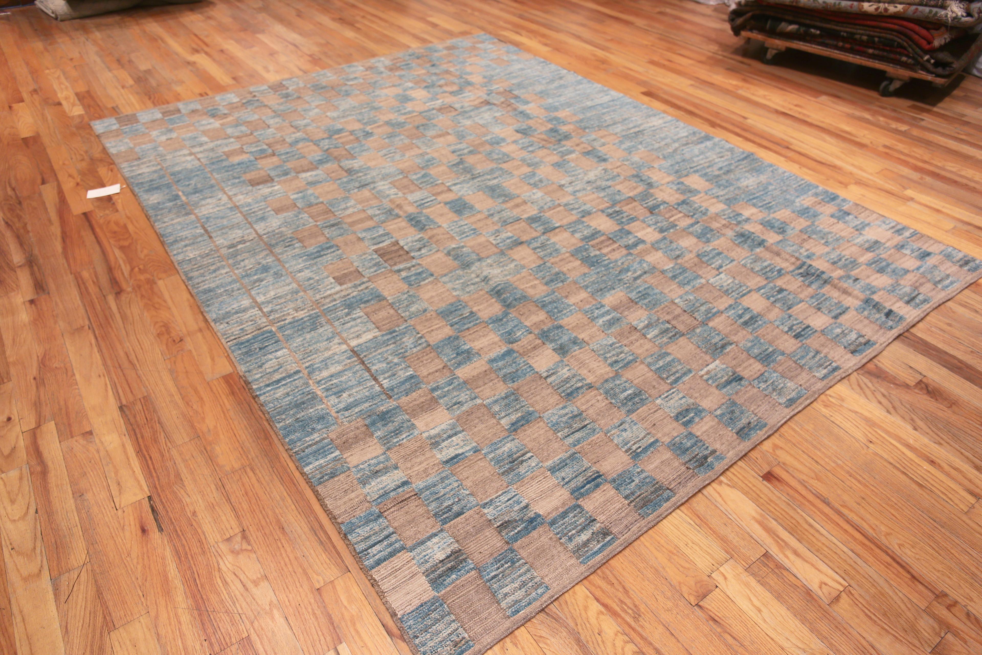 Beautiful And Artistic Modern Tribal Geometric Checkboard Design Light Blue And Neutral Room Size Area Rug, Country Of Origin: Central Asia, Circa Date: Modern Rug 