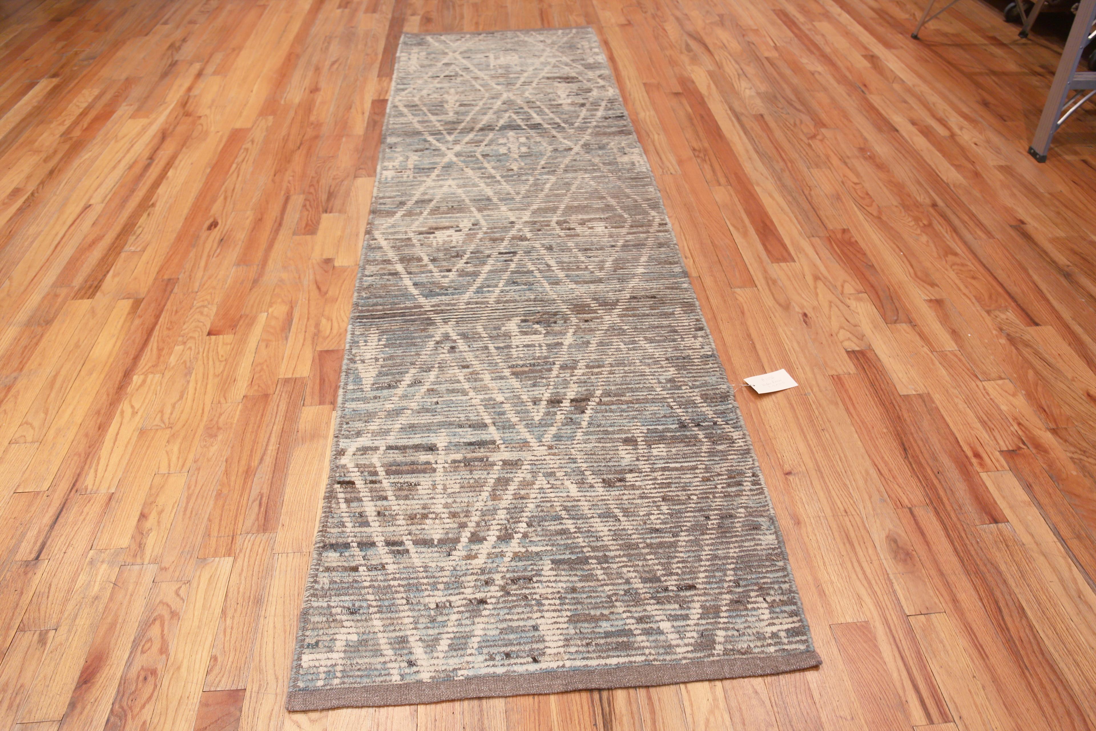 A Magnificent Grey Neutral Color Background and Tribal Geometric Primitive Animal Pattern Modern Hallway Runner Rug, Country of Origin: Central Asia, Circa Date: Modern Rug 