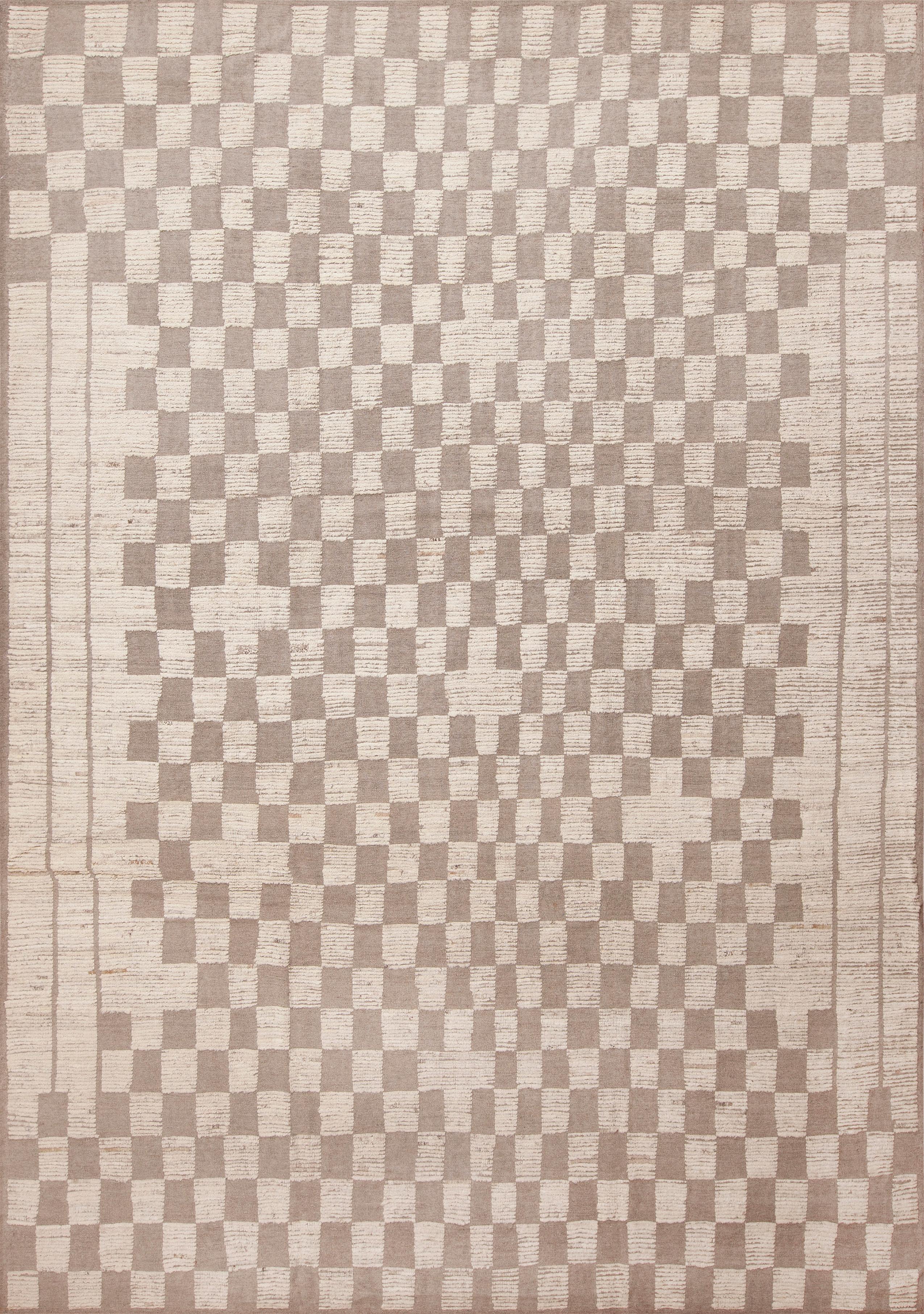 Hand-Knotted Nazmiyal Collection Neutral Tribal Checkboard Design Modern Rug 9'7