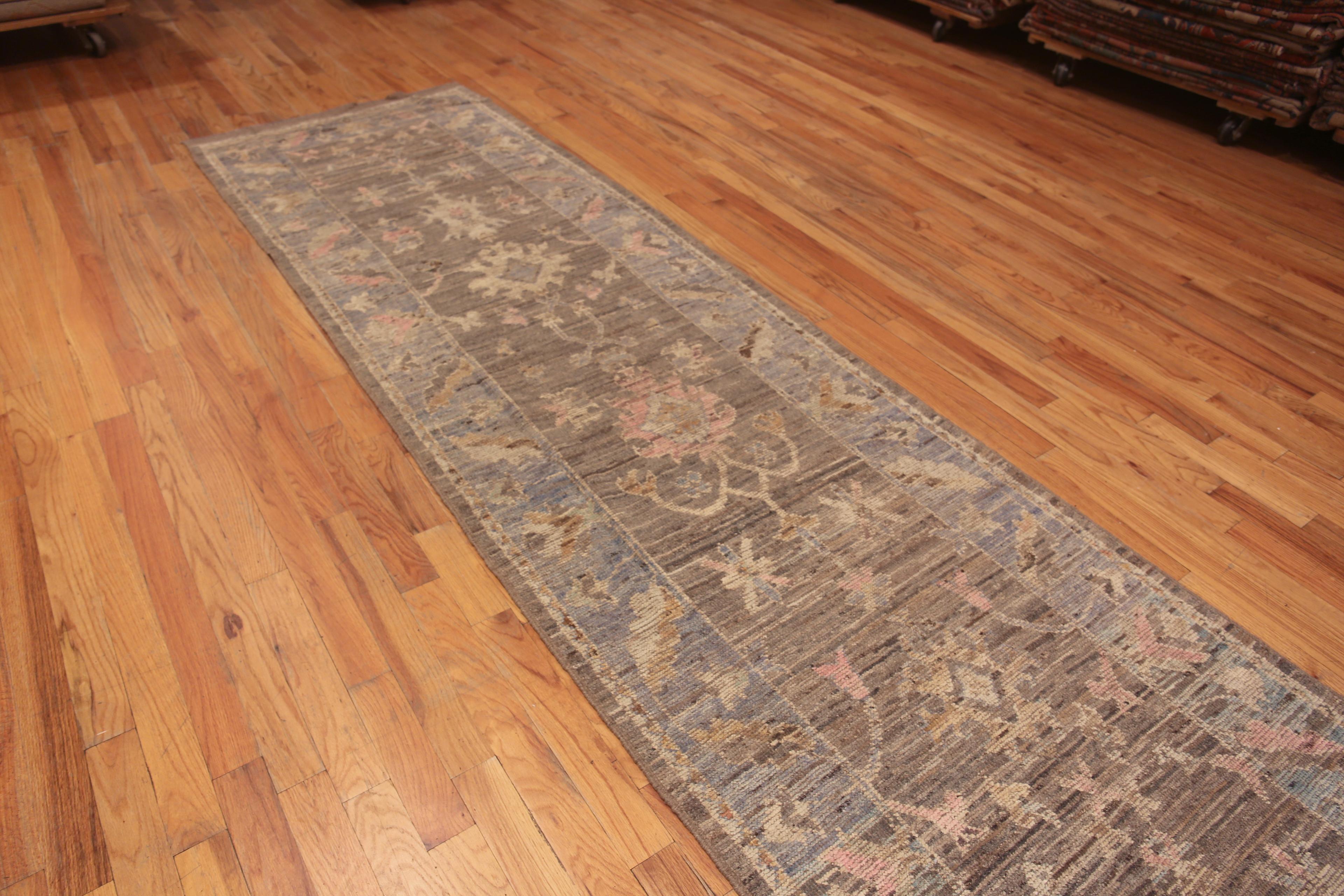 Beautiful Casual Feel Oushak Design Brown Earth-Tone Color Floral Design Modern Hallway Runner Rug, Country Of Origin: Central Asia, Circa Date: Modern Rug 
