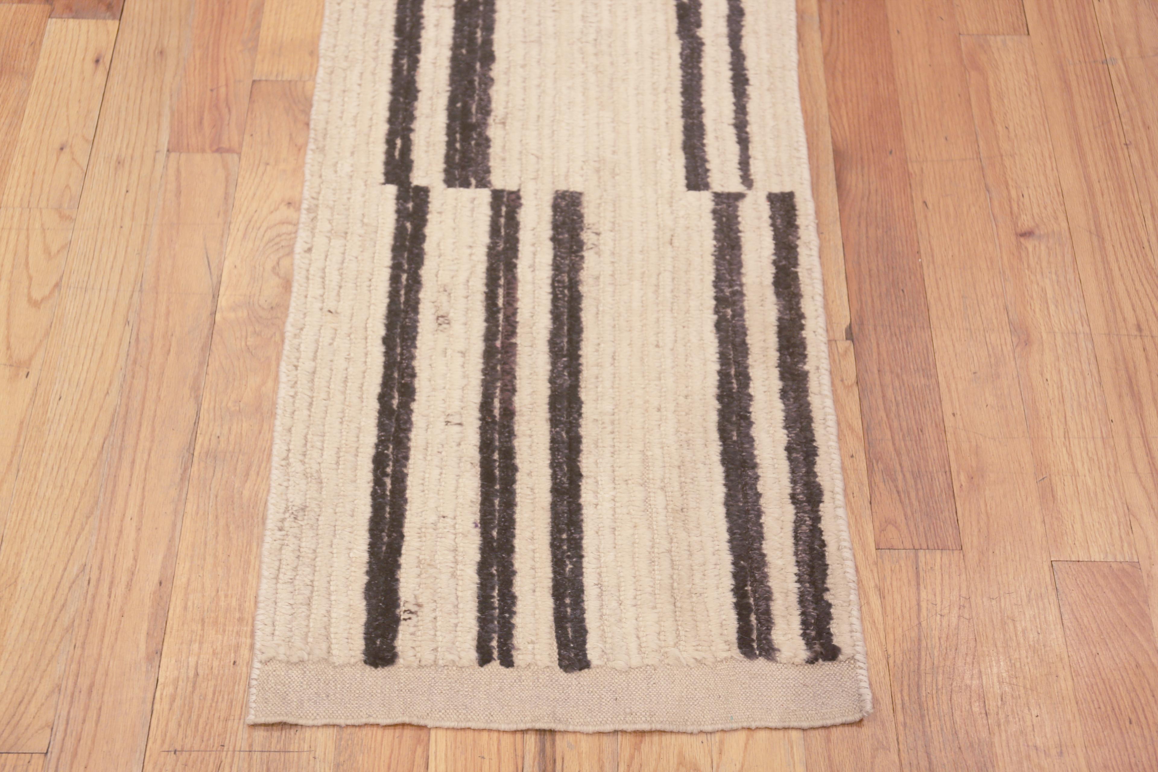 A Beautiful Simplistic Minimalist Primitive Pattern Light Cream and Charcoal Color Modern Hallway Runner Rug, Country of Origin: Central Asia, Circa Date: Modern Rug