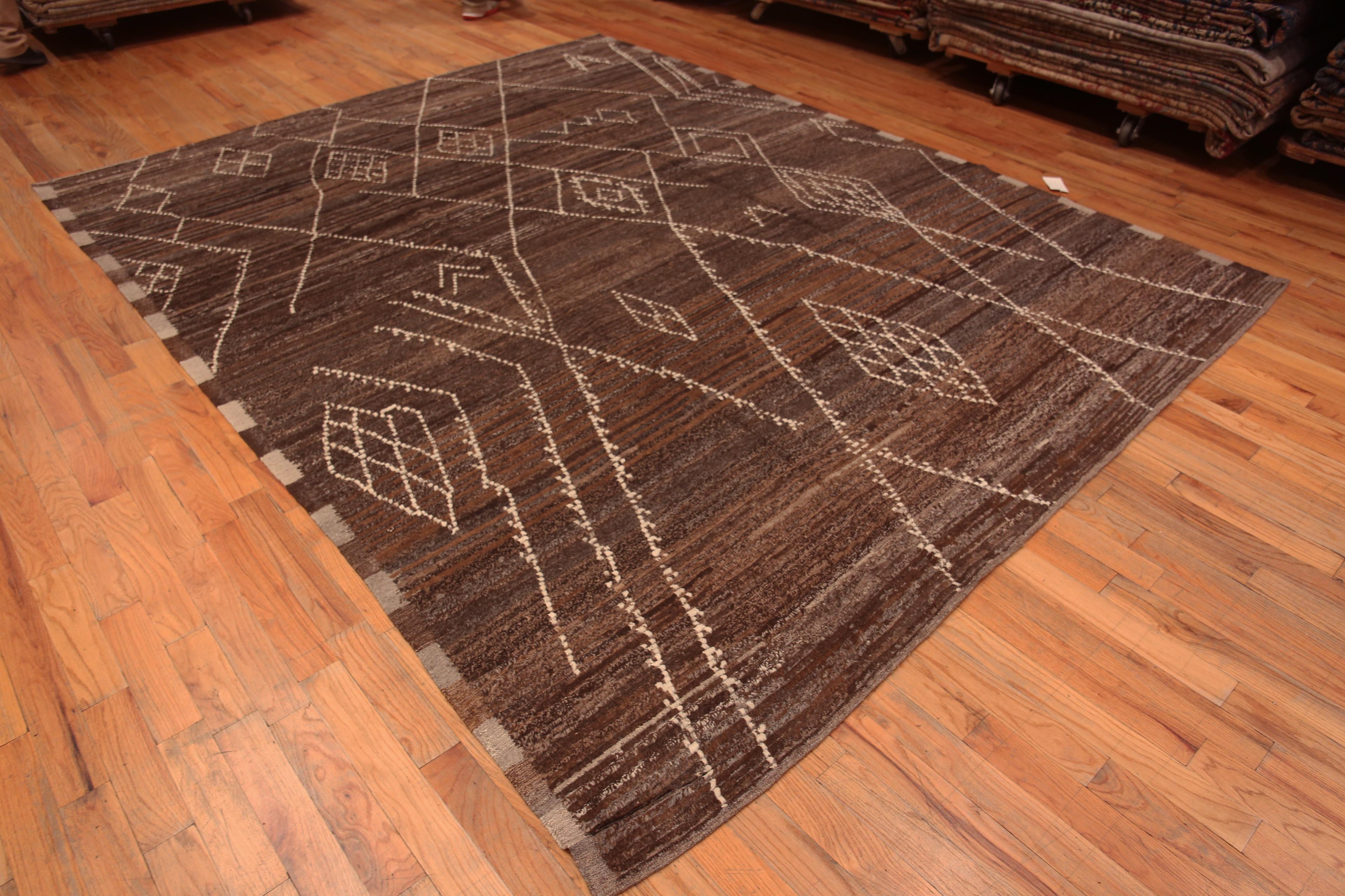 Bold and Artistic Rich Earthy Brown Color Background Primitive Tribal Geometric Pattern Modern Room Size Area Rug, Country of Origin: Central Asia, Circa Date: Modern Rug 