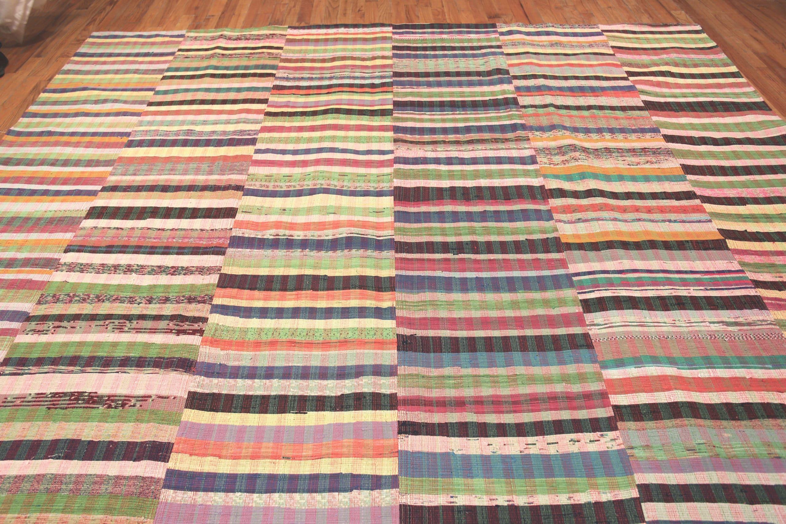 Turkish Nazmiyal Collection Rainbow Colors Striped Modern Rag Rug. 12 ft x 15 ft For Sale