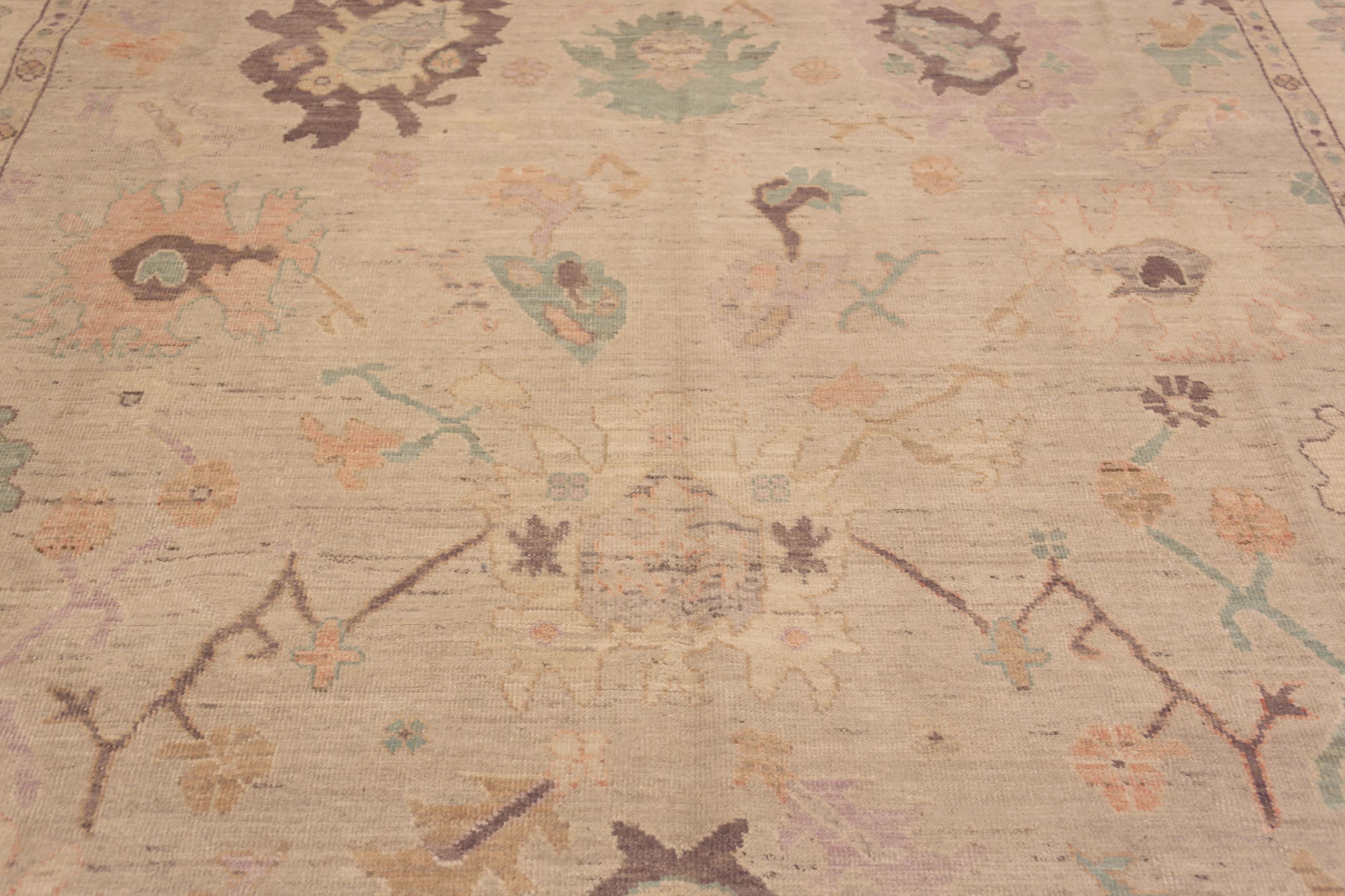 Beautifully Neutral Decorative Soft Pastel Color Room Size Modern Turkish Oushak Design Area Rug, Country Of Origin: Central Asia, Circa Date: Modern Rug 