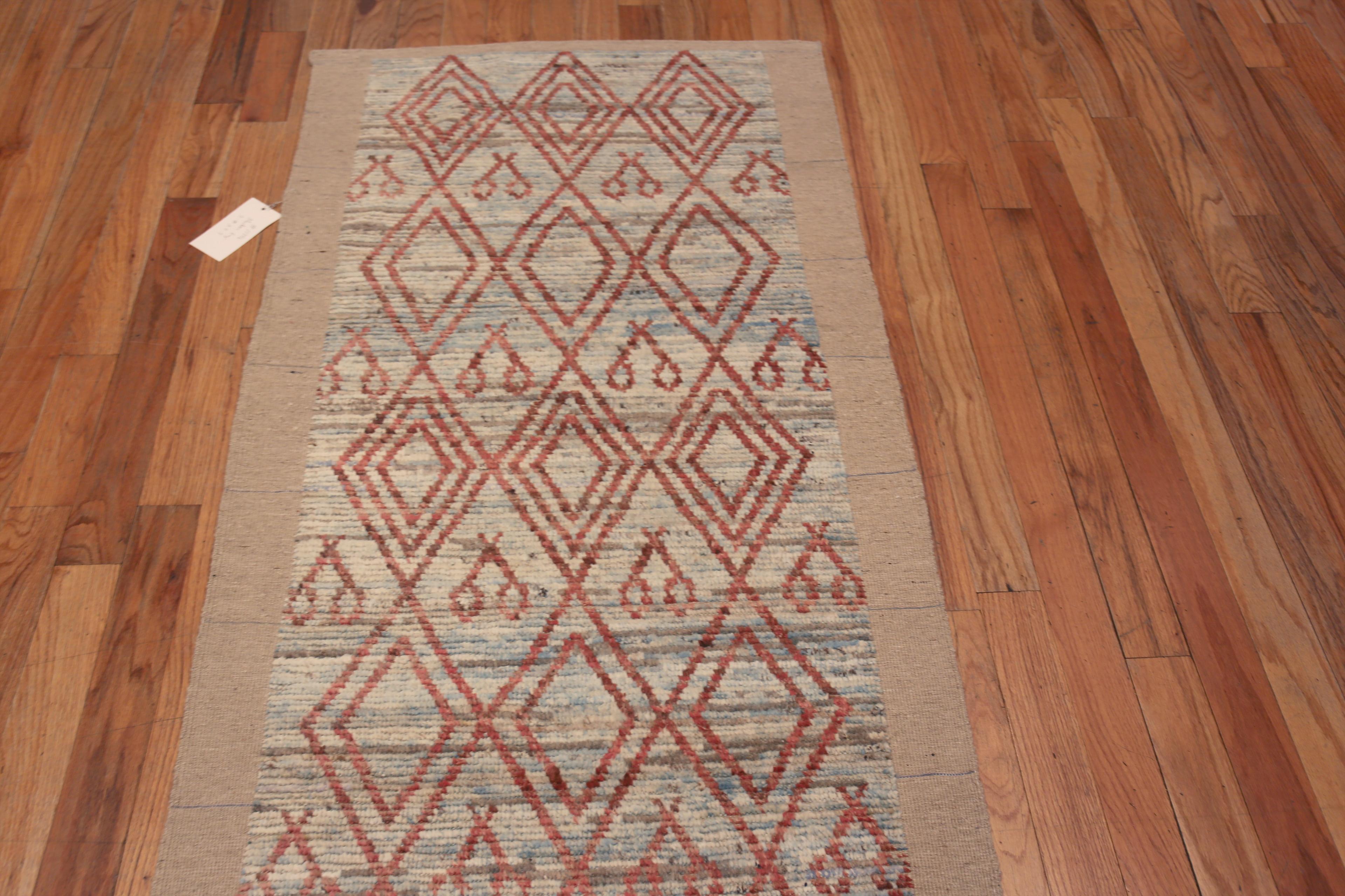A Captivating and Beautiful Modern Light Blue Color Background Rustic Tribal Geometric Diamond Pattern Contemporary Runner Rug, Country Of Origin: Central Asia, Circa Date: Modern Rug 