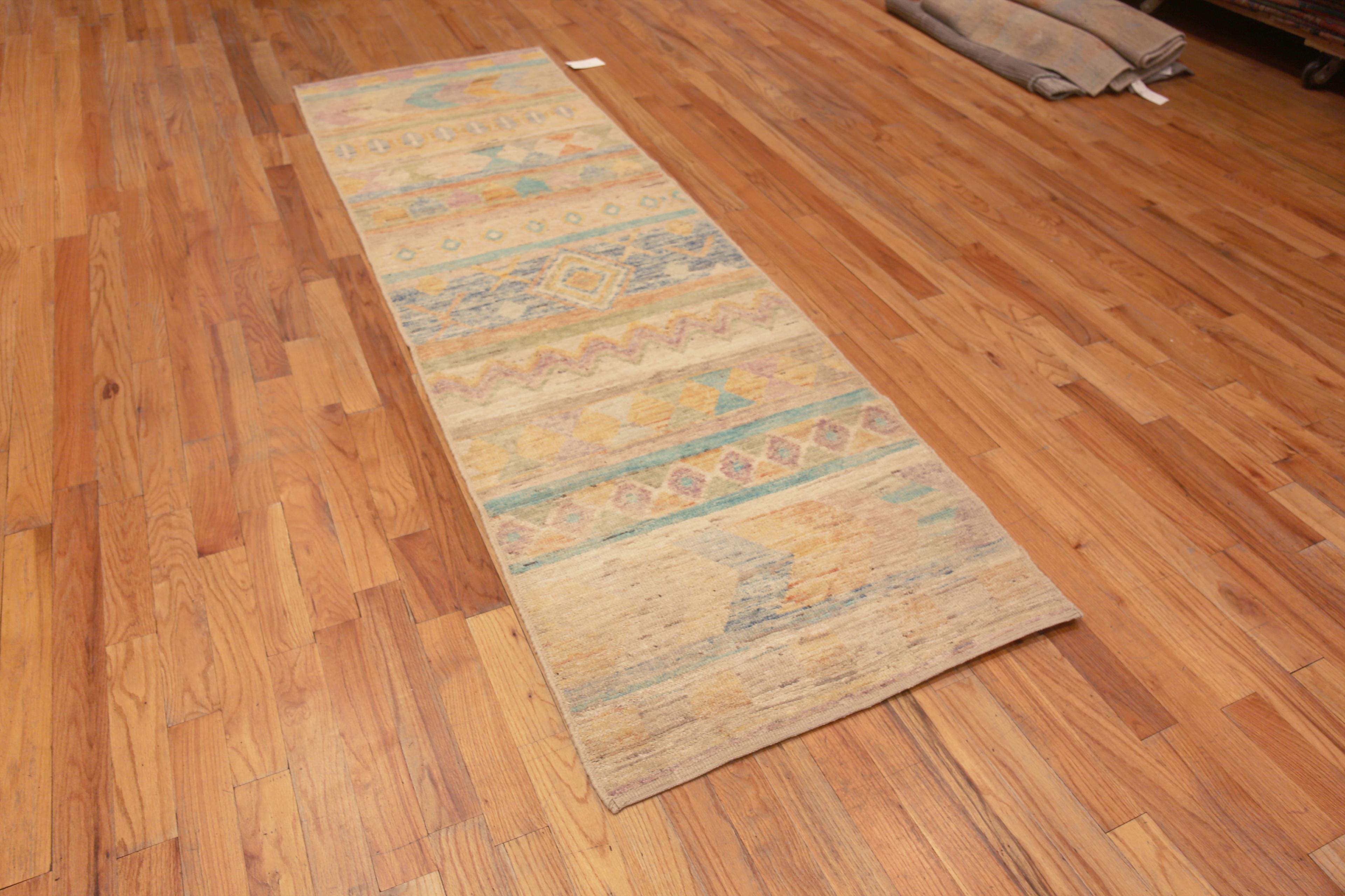 A Rustic Happy Colorful Tribal More Primitive Geometric Design Modern Hallway Runner Rug, Country of Origin: Central Asia, Circa Date: Modern Rug 