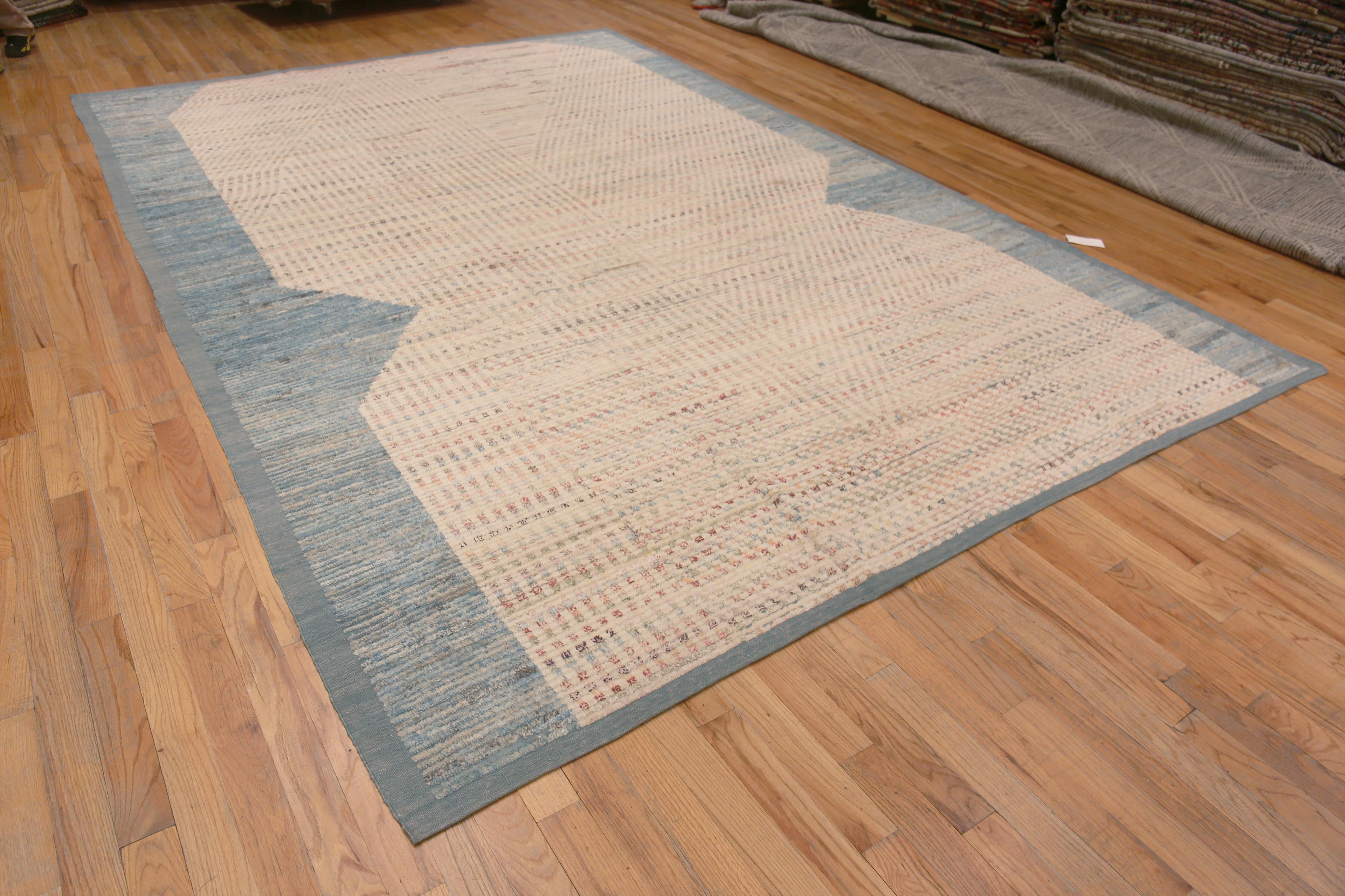 Artistic Light Blue And Ivory Background With Soft Rustic Tone Tribal Geometric Pattern Modern Area Rug, Country of Origin: Central Asia, Circa Date: Modern Rug 