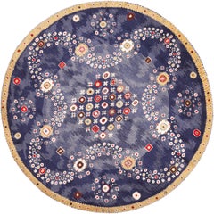 Nazmiyal Collection Silk And Wool Modern Swedish Inspired Round Blue Rug. 