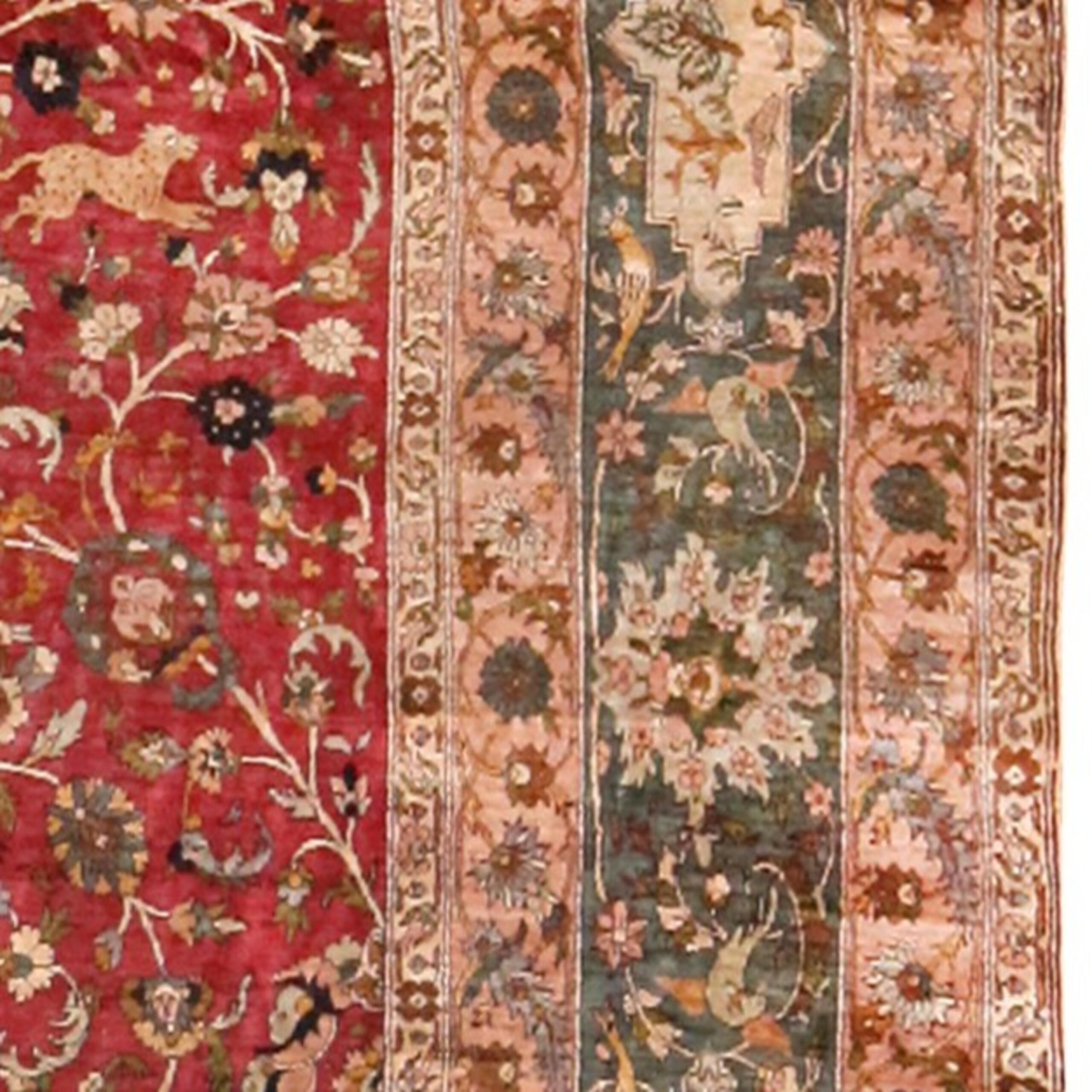 Hand-Knotted Silk Antique Indian Mughal Rug. 4 ft 1 in x 6 ft 2 in For Sale