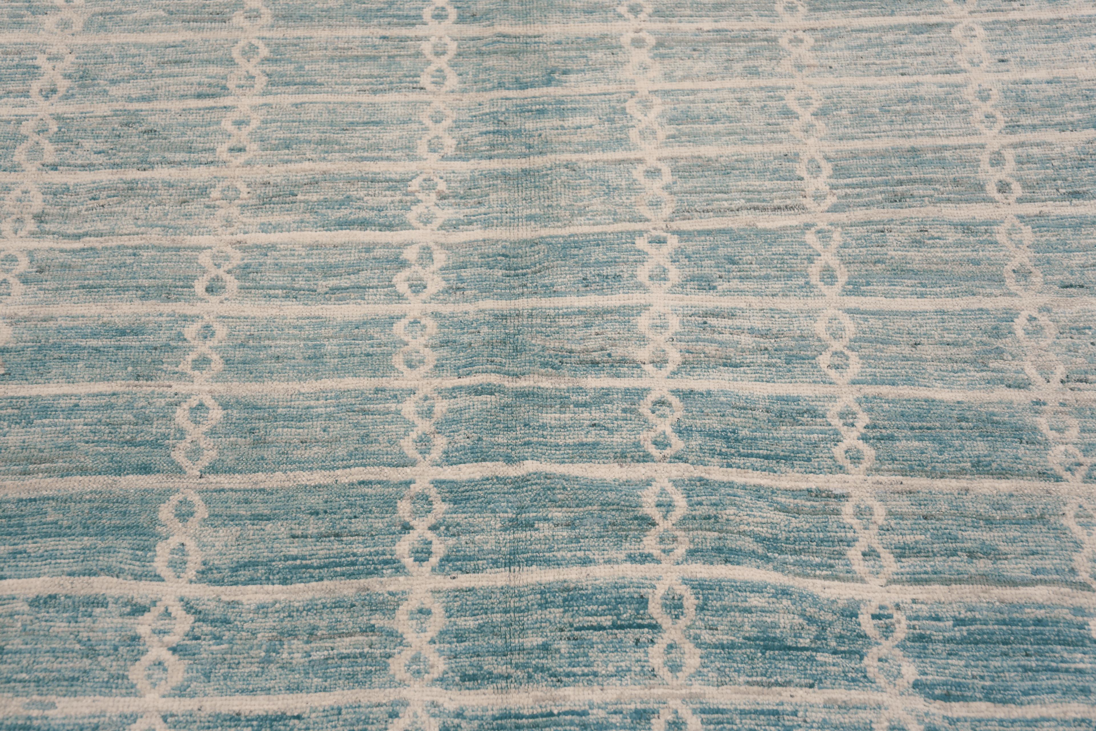 Beautifully Decorative Soft Wool Pile Handmade Light Blue Color Allover Geometric Design Contemporary Modern Area Rug, Country Of Origin: Central Asia, Circa Date: Modern Rug 