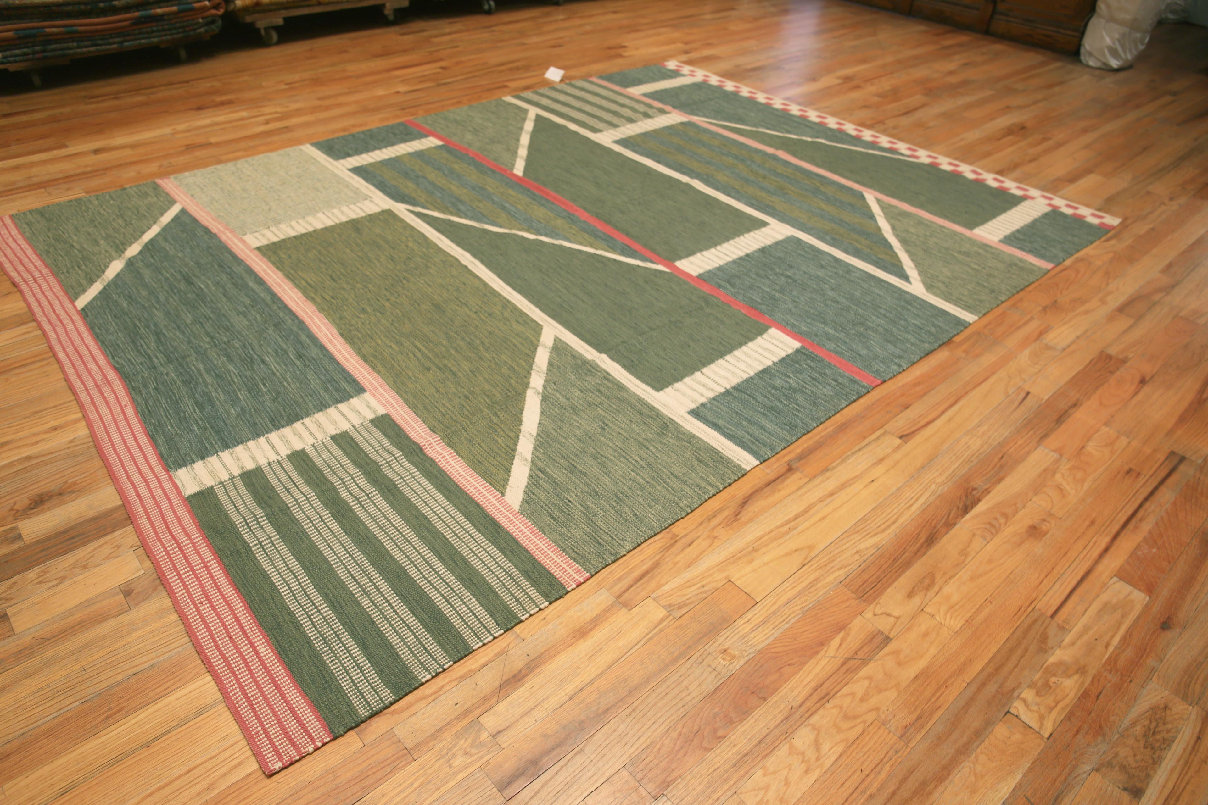 Trending Moss Green Swedish Mid-Century Modern Style Flatwoven Area Rug, Country of origin: Central Asia, Circa date: Modern Rugs