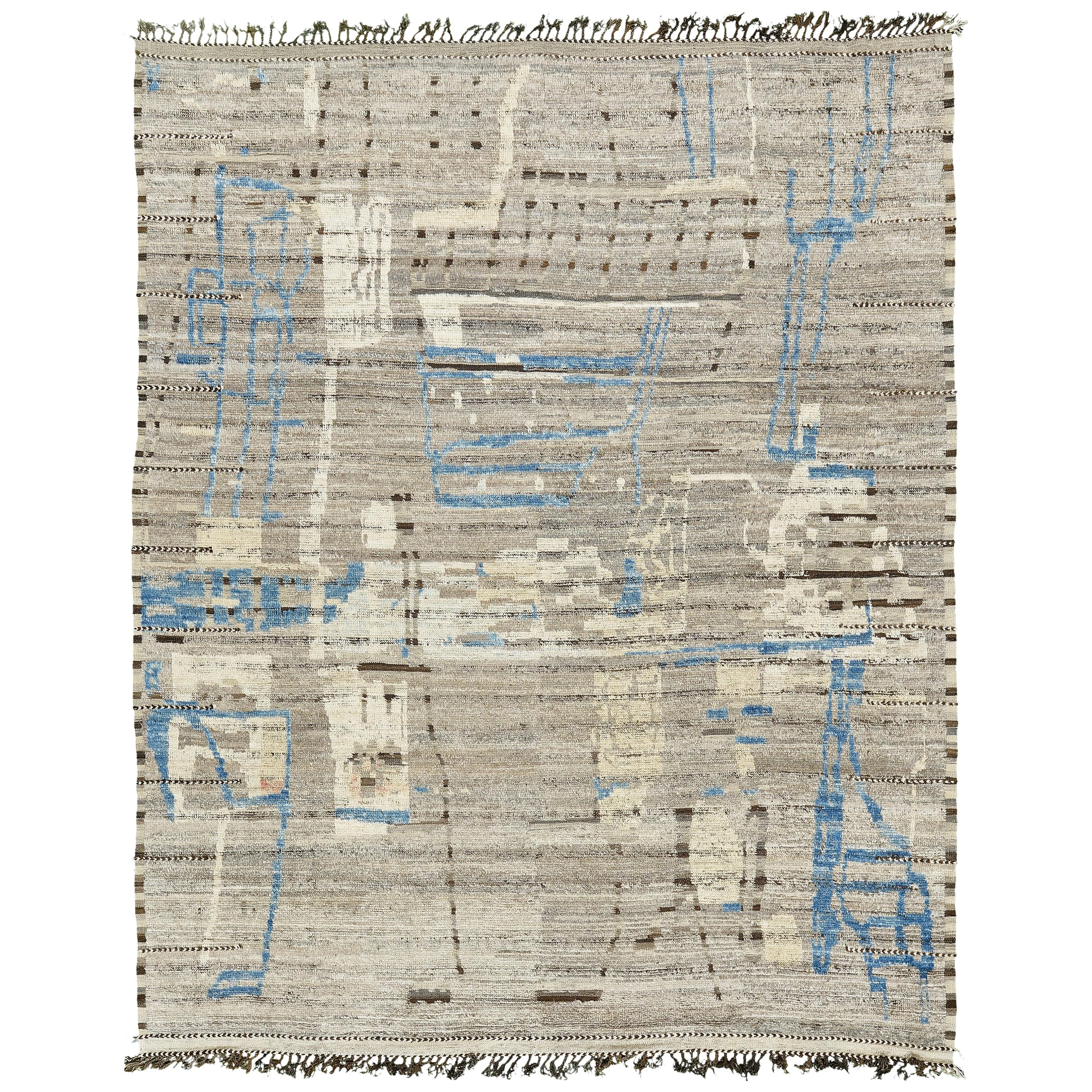 Nazmiyal Collection Taupe And Blue Modern Distressed Rug 10 ft 7 in x 13 ft 8 in
