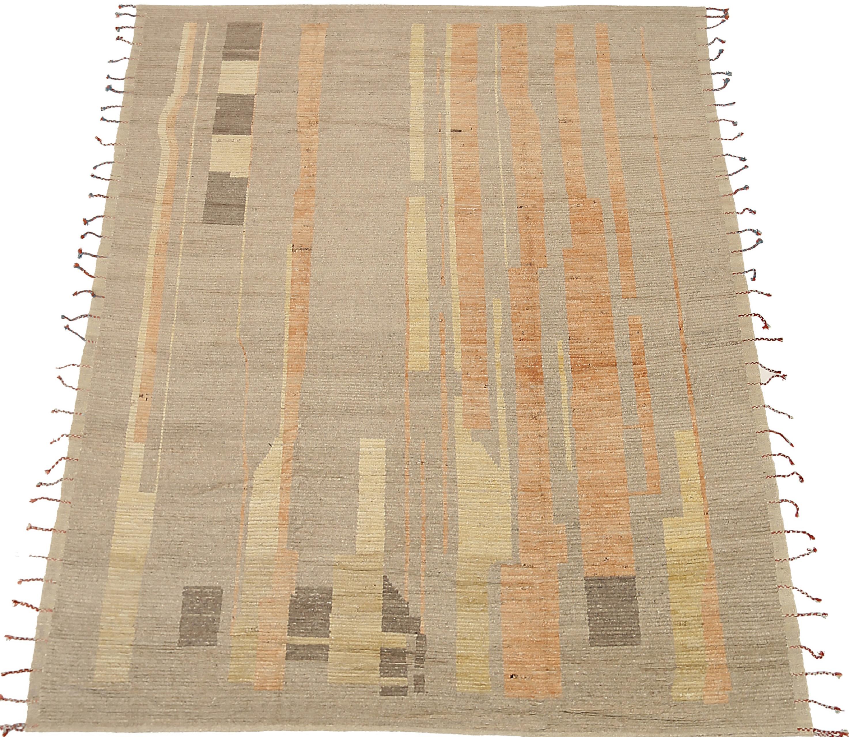 Splendid Taupe Orange Geometric Modern Distressed Rug, Country of Origin: Afghanistan, Circa Date: Modern. Size: 9 ft 4 in x 11 ft 9 in (2.84 m x 3.58 m)