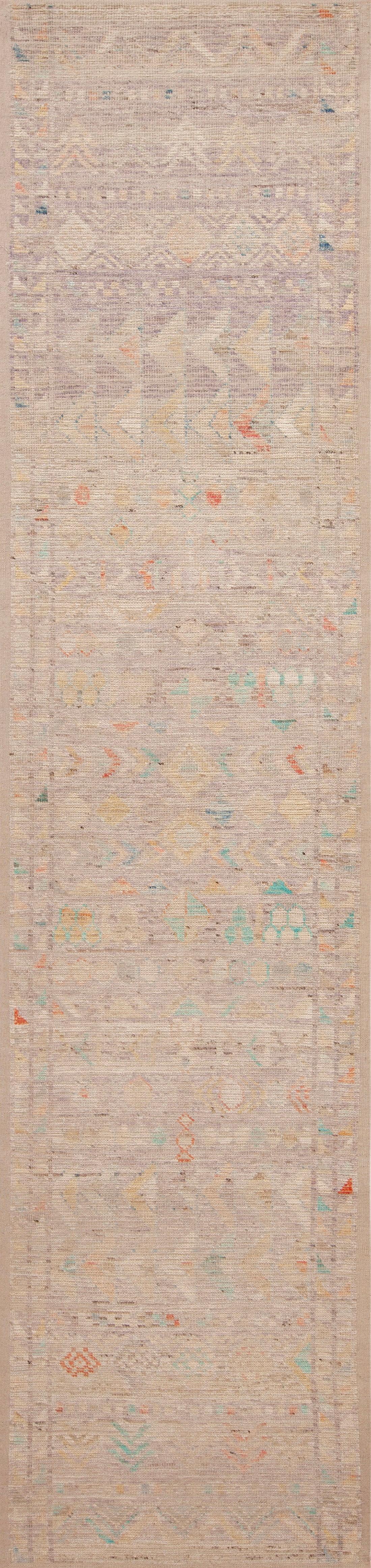A Decorative Tribal And Geometric Design Light Pastel Color Abrash Modern Hallway Runner Area Rug, Country Of The Rug Origin: Central Asia, Circa / Weave Date: Modern Newly Made Area Rug 