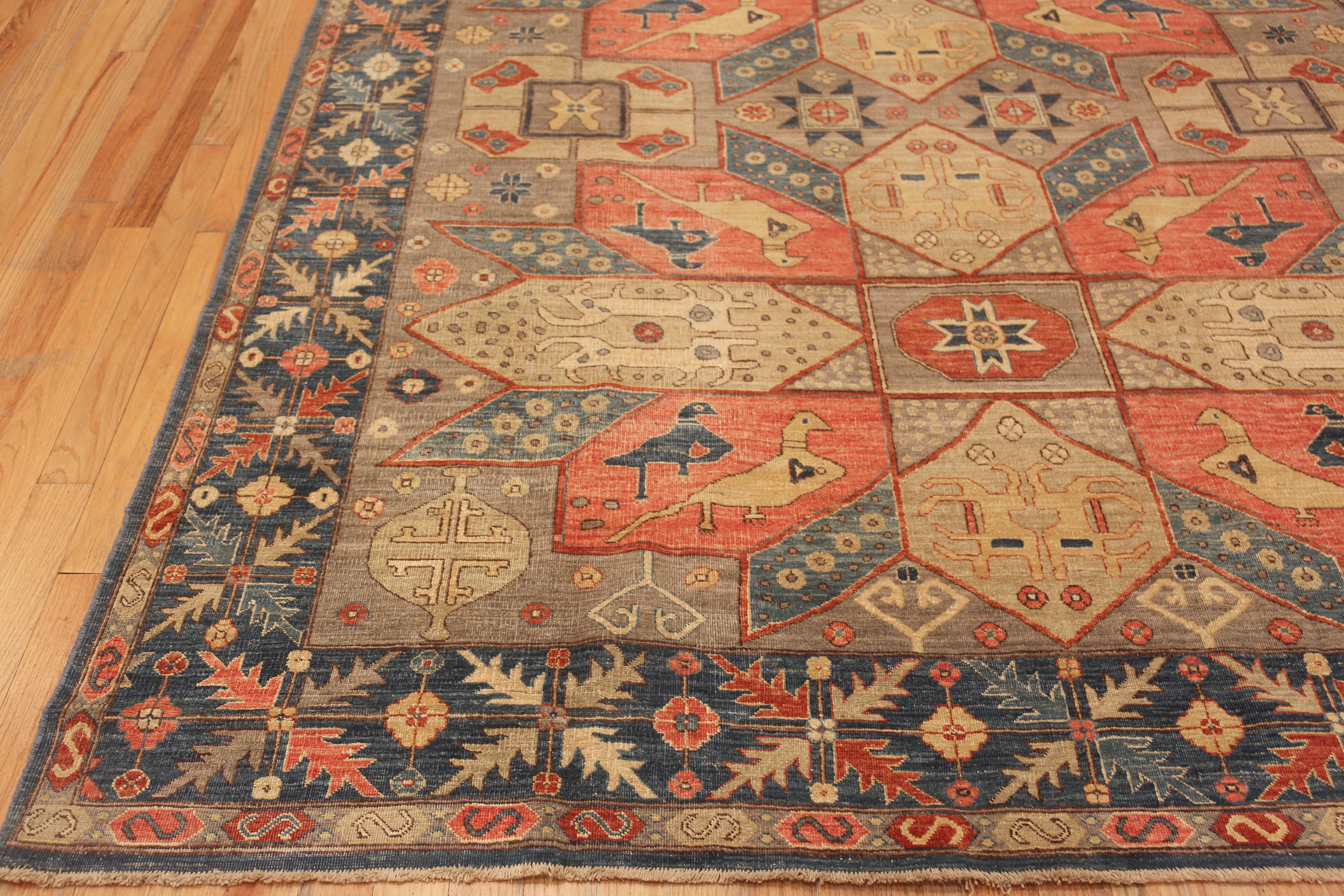 Beautifully Rustic Old World Room Size Tribal Geometric Caucasian Animal Design Modern Area Rug, Country of Origin: Central Asia, Circa Date: Modern Rug