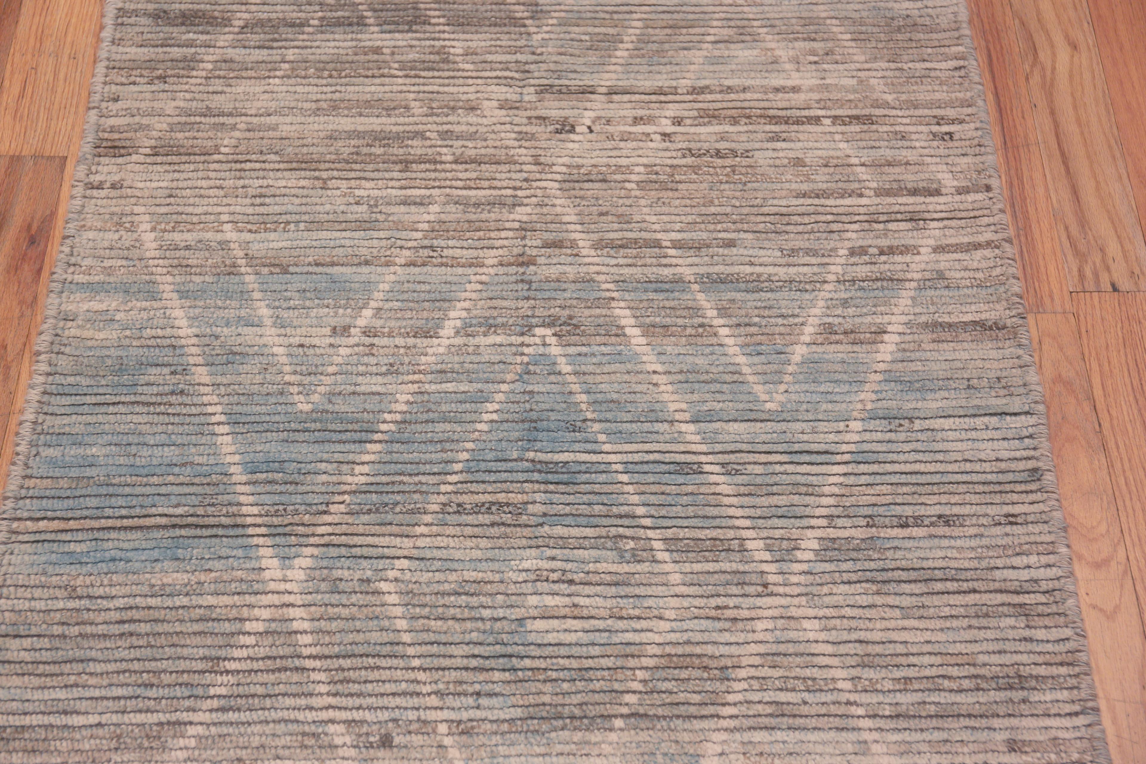A Facinating Neutral Grey Blue Abrash Color Tribal Geometric Moroccan Beni Ourain Diamond Pattern Modern Hallway Runner Rug, Country of Origin: Central Asia, Circa Date: Modern Rug 