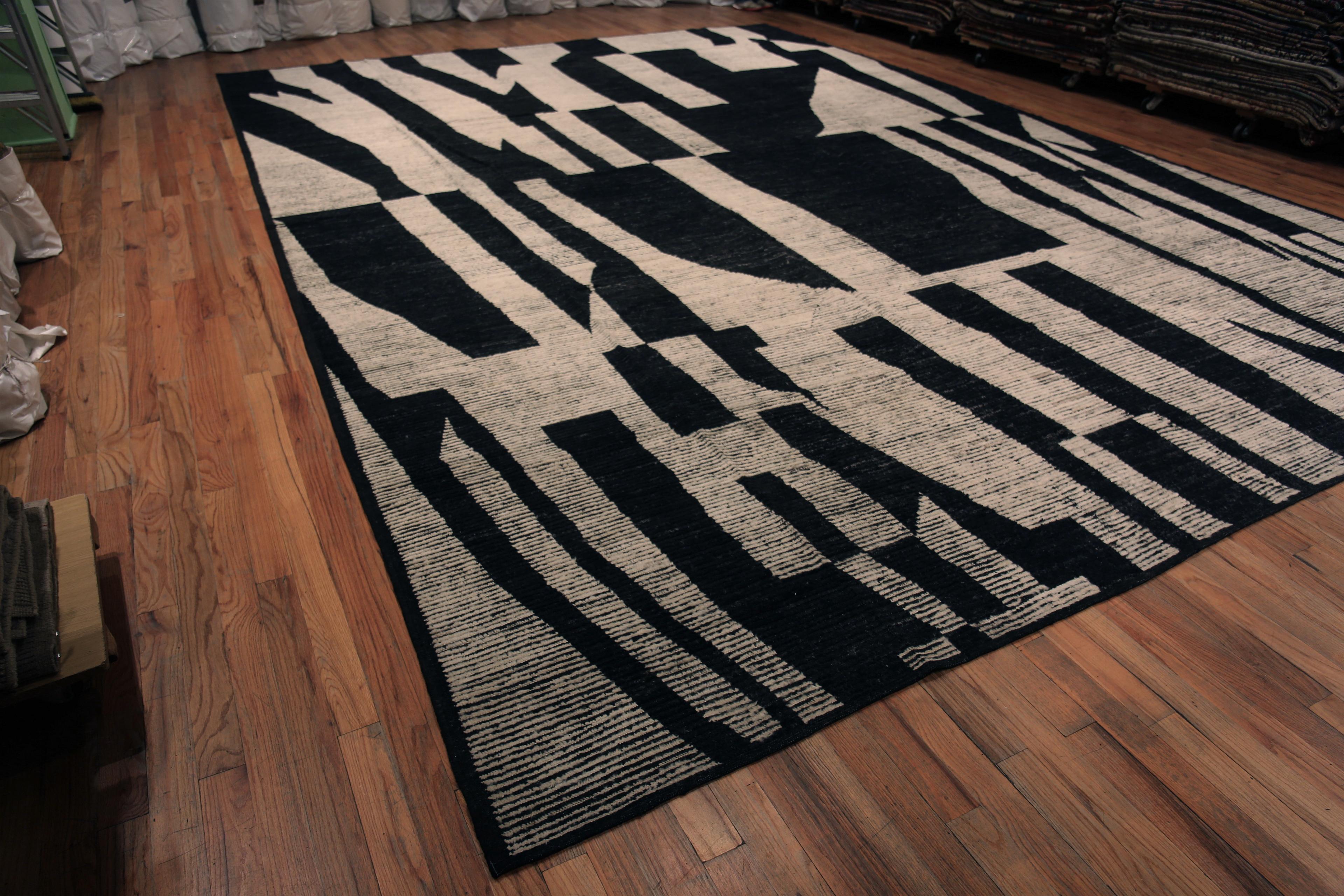 Captivating Graphic and Bold Black and White Color Tribal Geometric Design Oversized Modern Area Rug, Country Of Origin: Central Asia, Circa Date: Modern Rug 