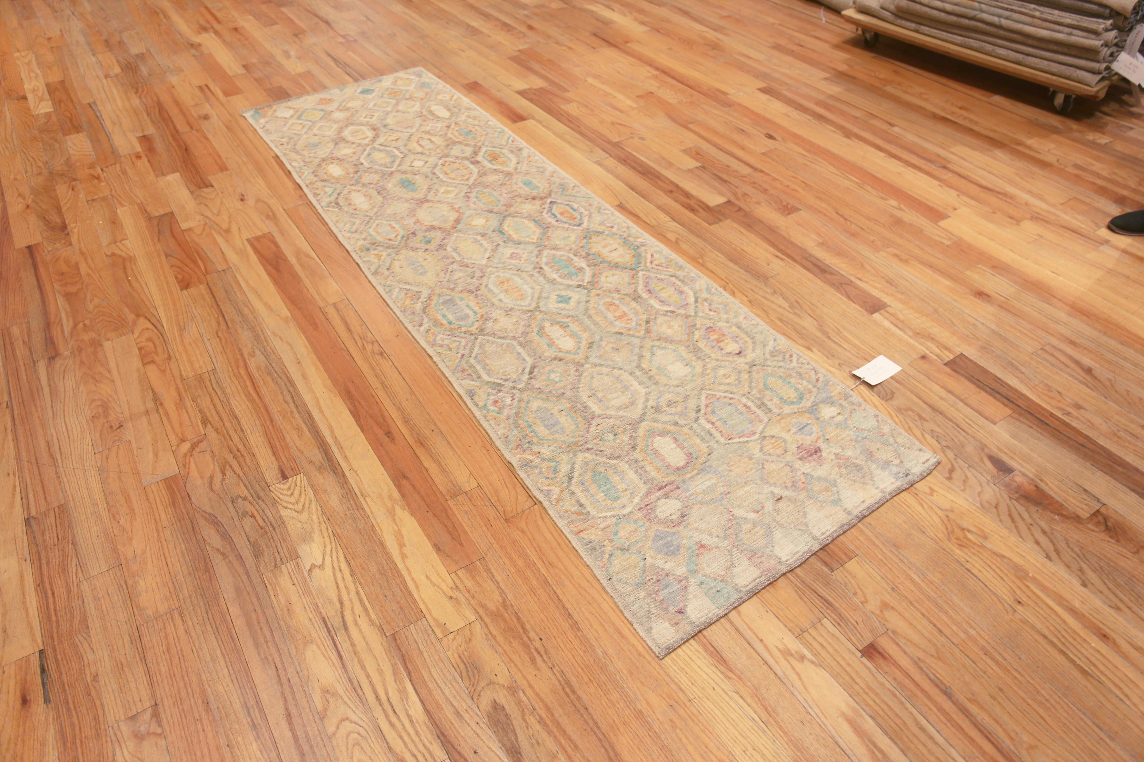 A Soft Light Color With A Beautifully Tribal Geometric Diamond Design Rustic Hallway Runner Rug, Country of Origin: Central Asia, Circa Date: Modern Rug 
