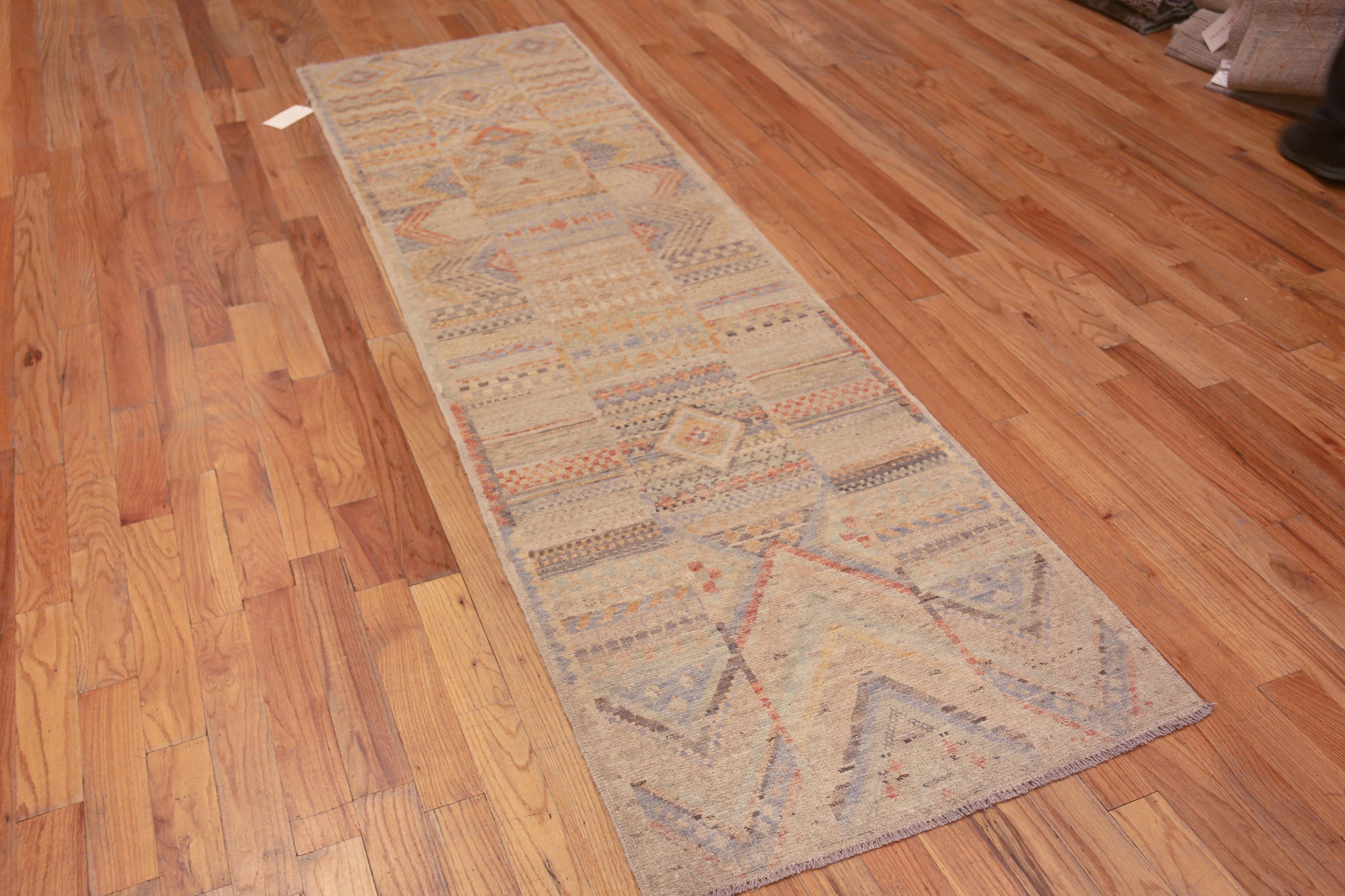 A Captivating And Quite Artistic Contemporary Rustic Tribal Geometric Design Modern Hallway Runner Rug, Country of Origin: Central Asia, Circa Date: Modern Rug 
