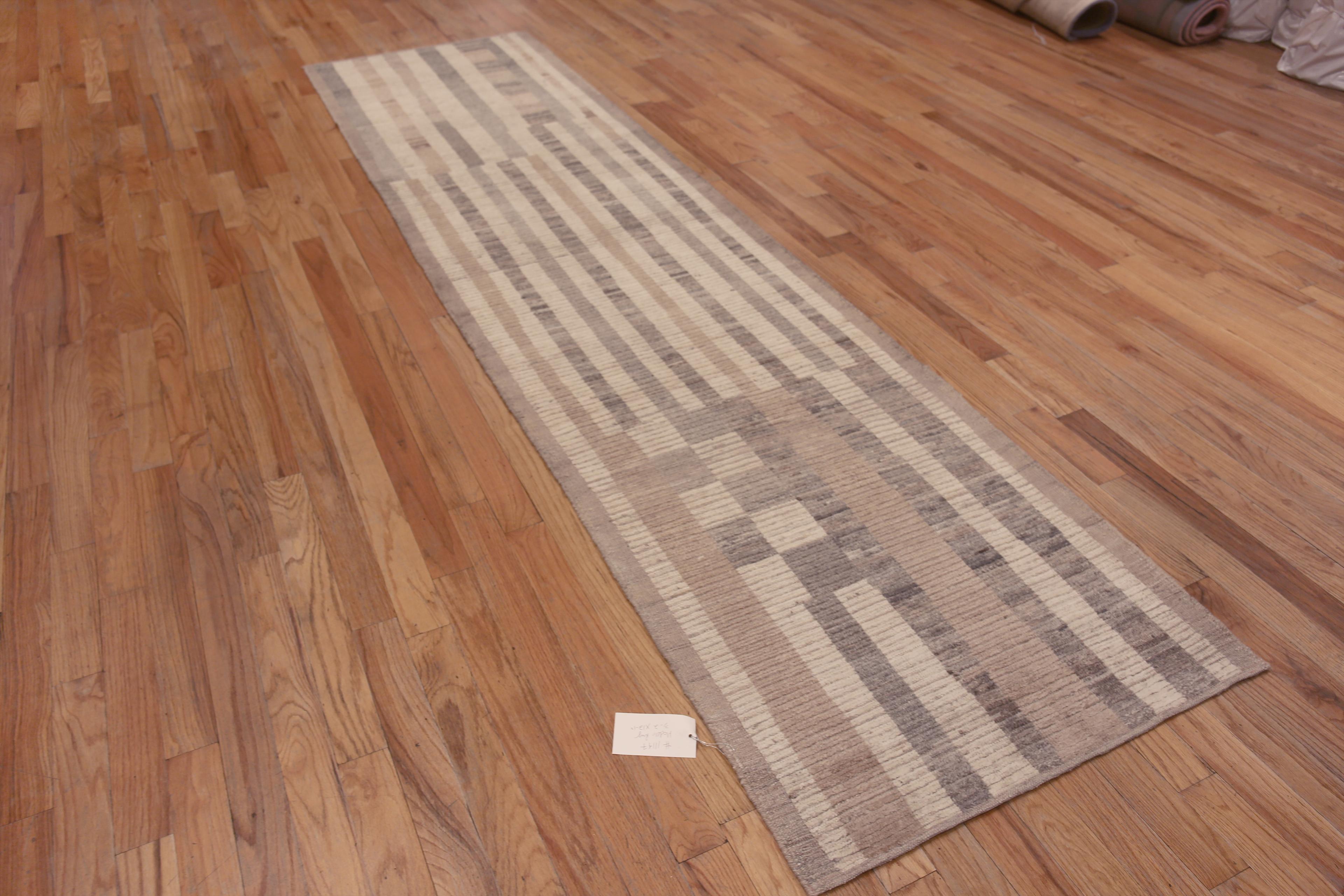 A Beautiful Soft Decorative Light Cream Background and Neutral Color Tribal Geometric Design Modern Hallway Runner Rug, Country of Origin: Central Asia, Circa Date: Modern Rug 