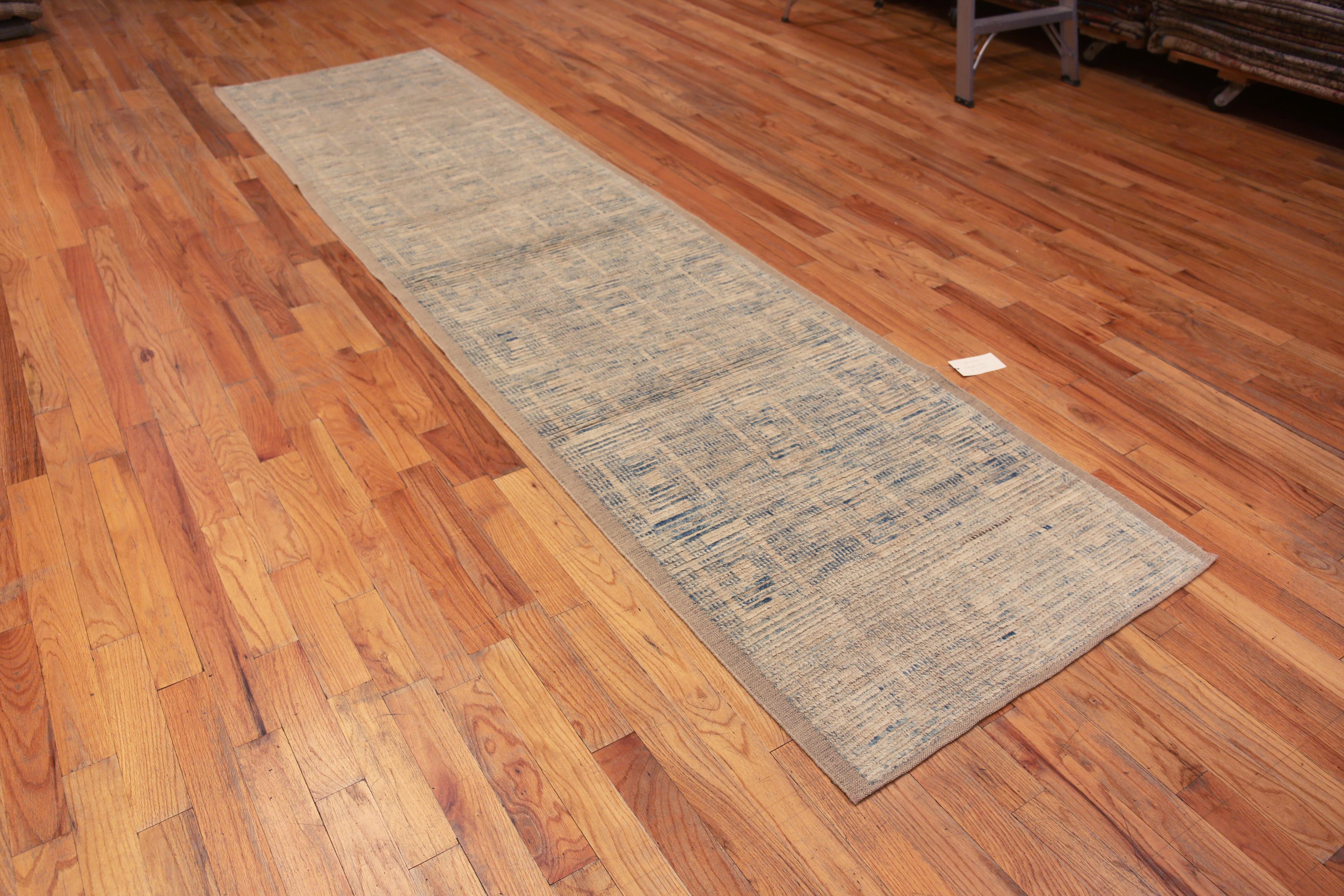 A Truly Facinating Tribal Geometric Design Light Blue Color Modern Hallway Runner Rug, Country of Origin: Central Asia, Circa Date: Modern Rug
