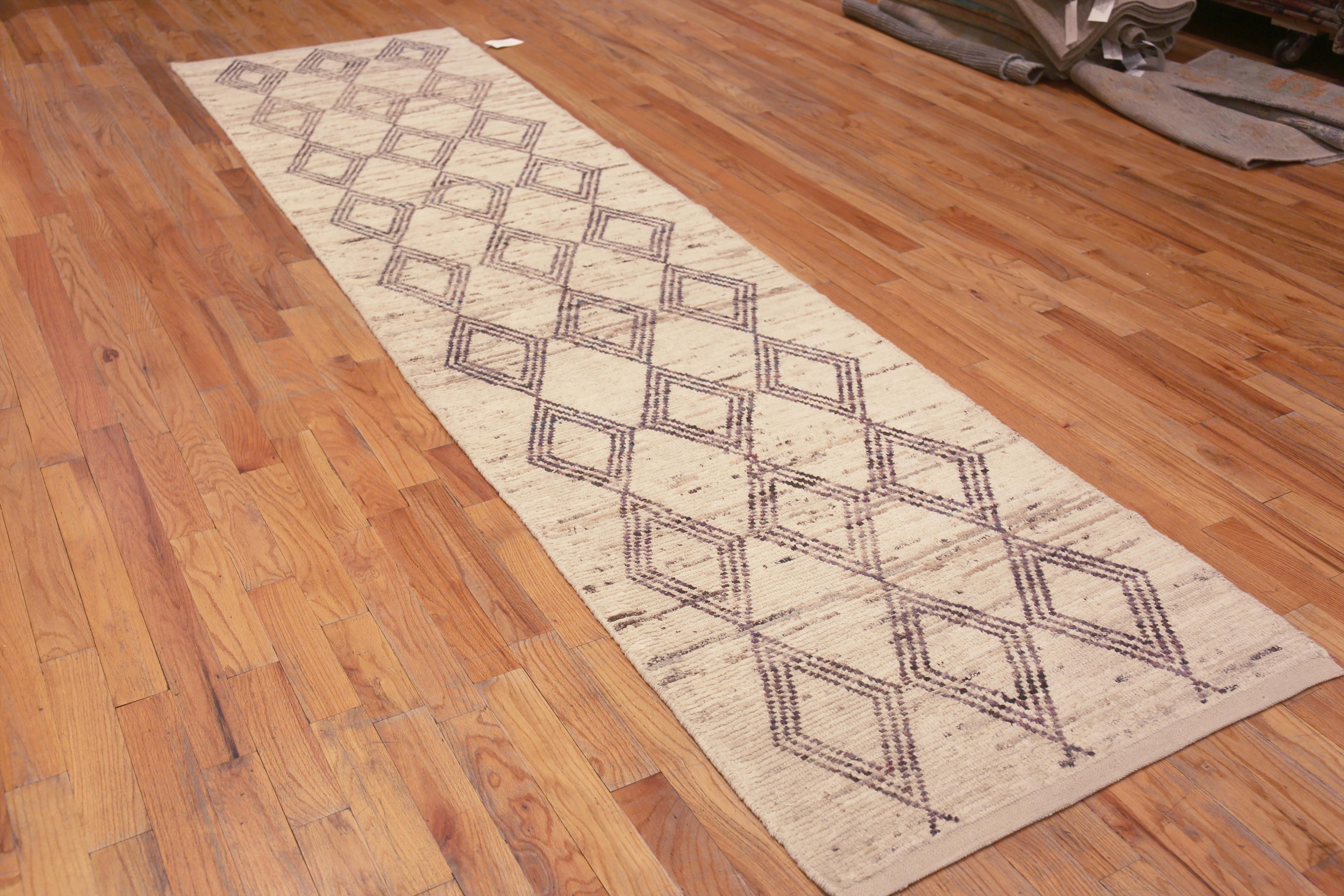 A Beautifully Artistic Light Ivory Cream Color Background Neutral Tribal Geometric Diamond Pattern Modern Hallway Runner Rug, Country of Origin: Central Asia, Circa Date: Modern Rug 