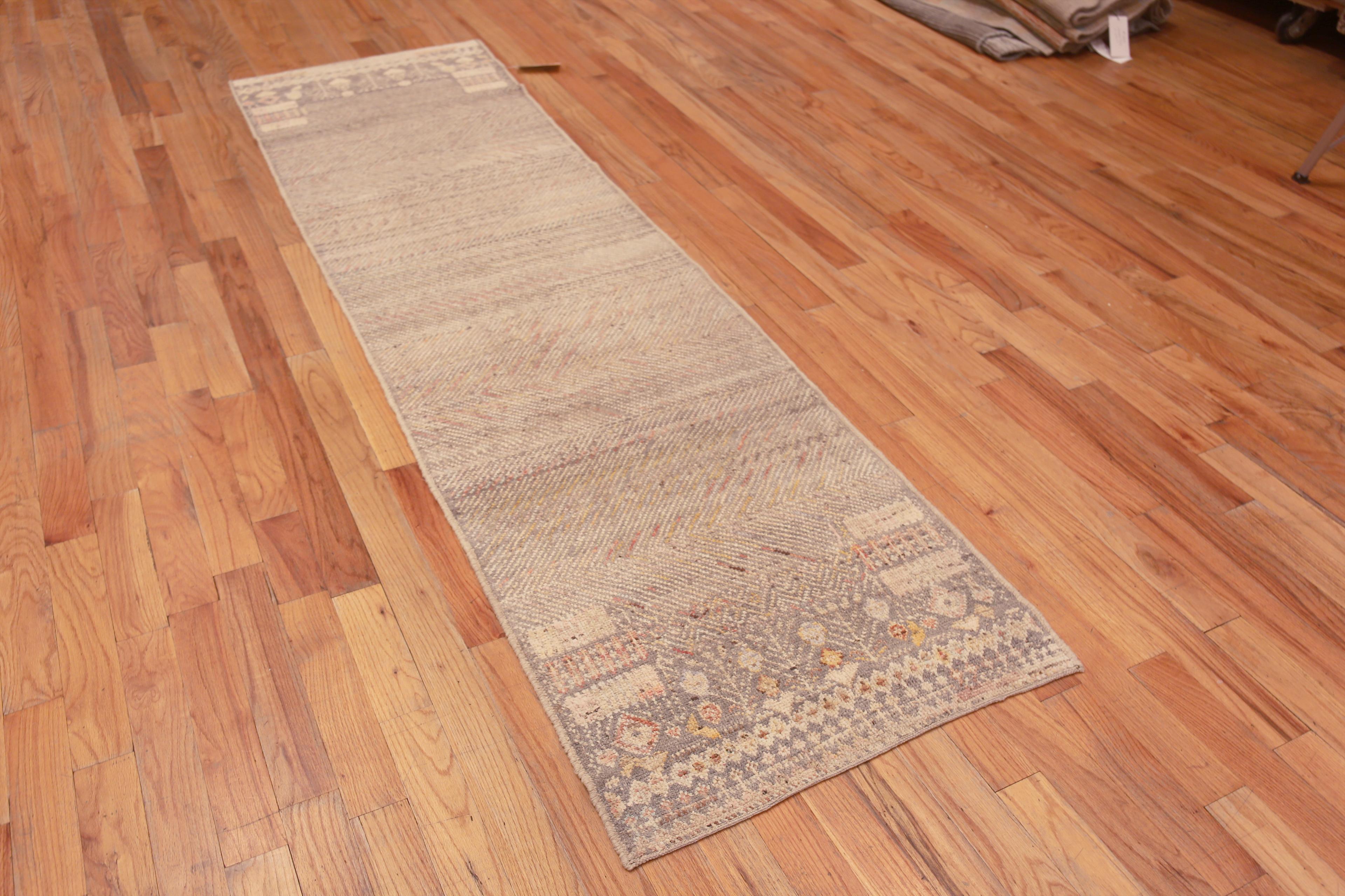 An Extremely Artistic Tribal Geometric Design Neutral Grey Color Modern Hallway Runner Rug, Country of Origin: Central Asia, Circa Date: Modern Rug 