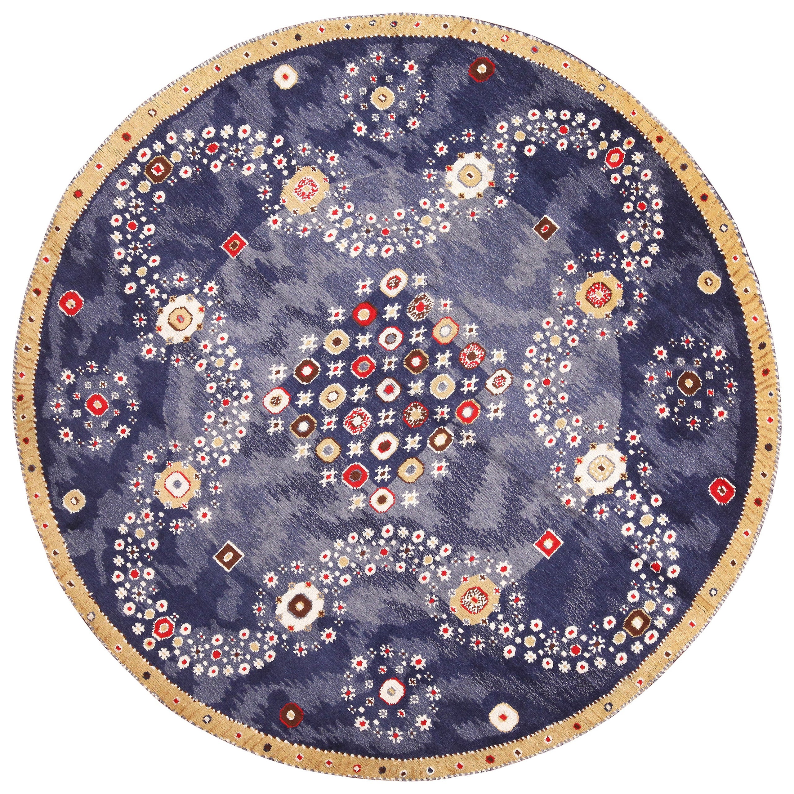 Nazmiyal Collection Alfombra azul redonda de vibrante inspiración sueca moderna 9'10" x 9'10 en venta
