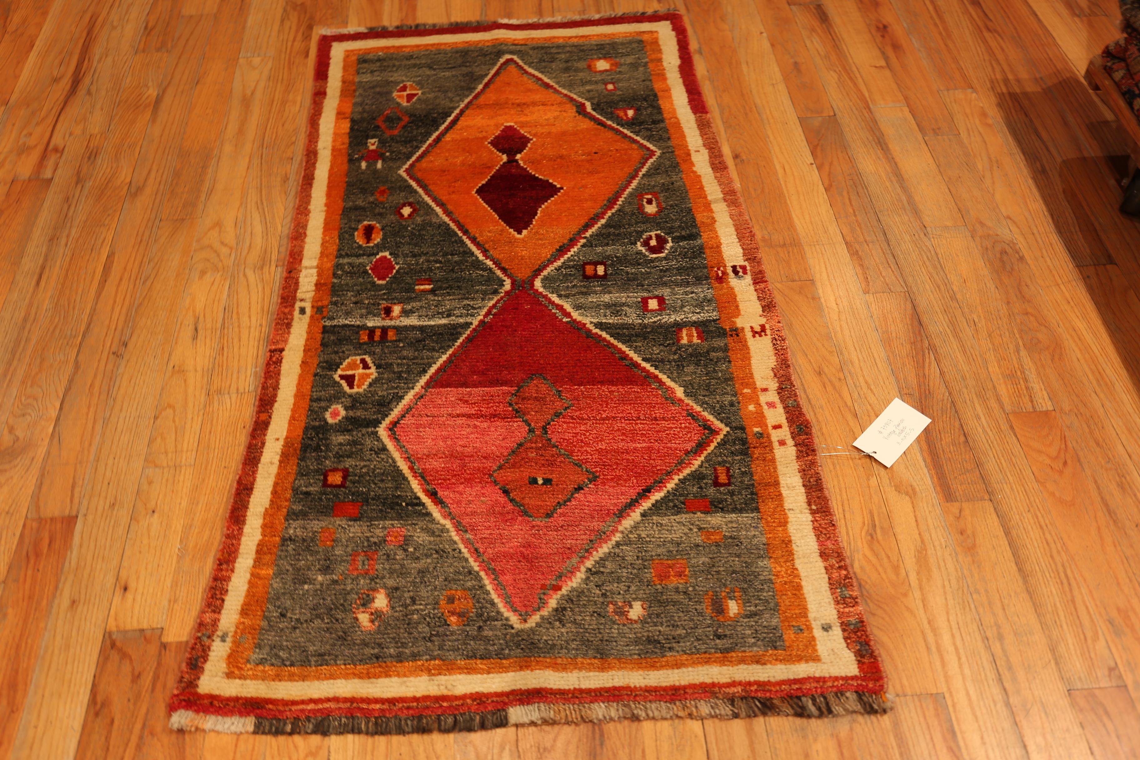 Vintage Persian Gabbeh Rug Tribal Geometry and Desert Sunset Palette, Country of Origin: Persia, Circa Date: Vintage