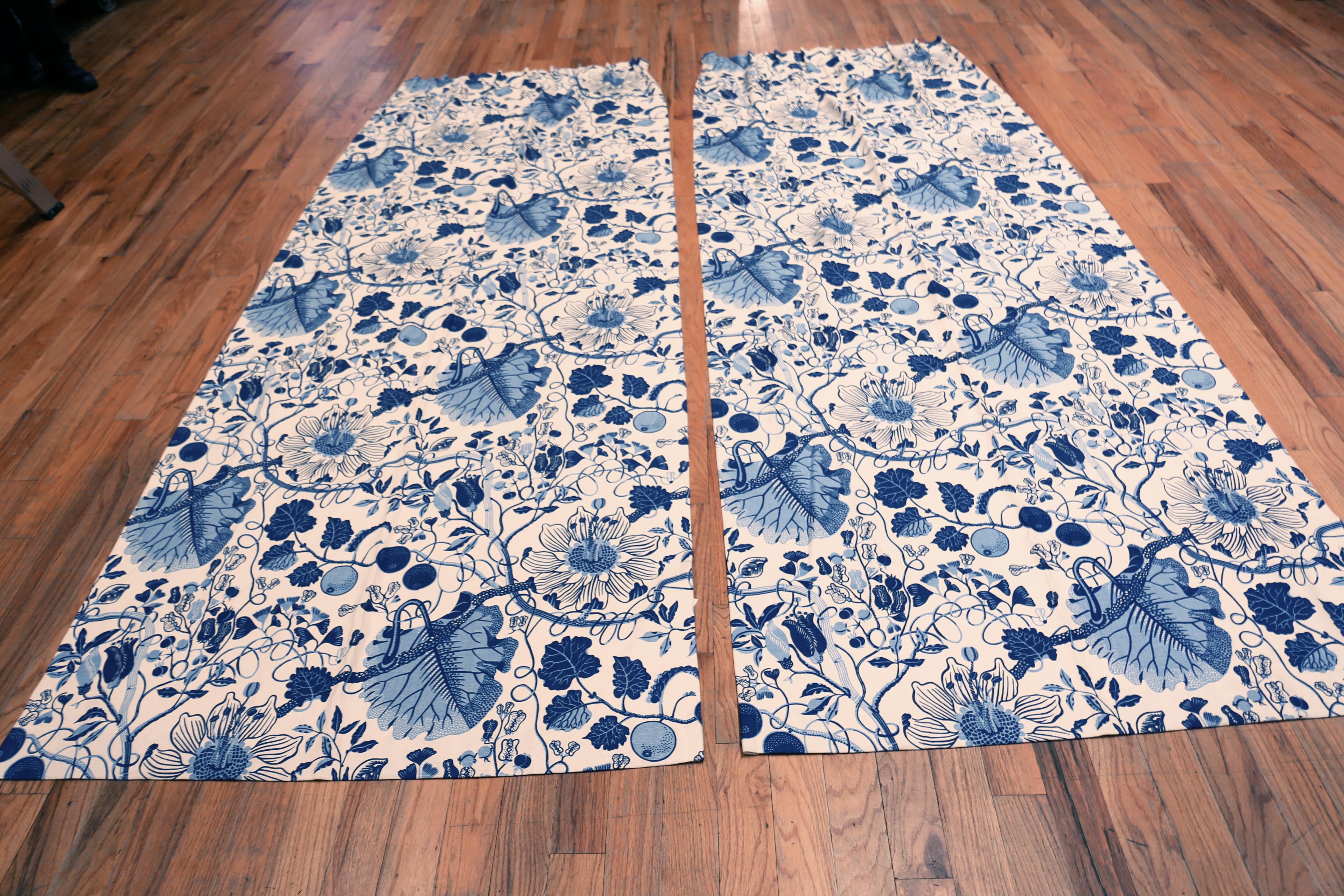 Elegant Vintage La Plata Curtains Blue Botanical Design by Josef Frank, Origin: Scandinavia, Circa 1940