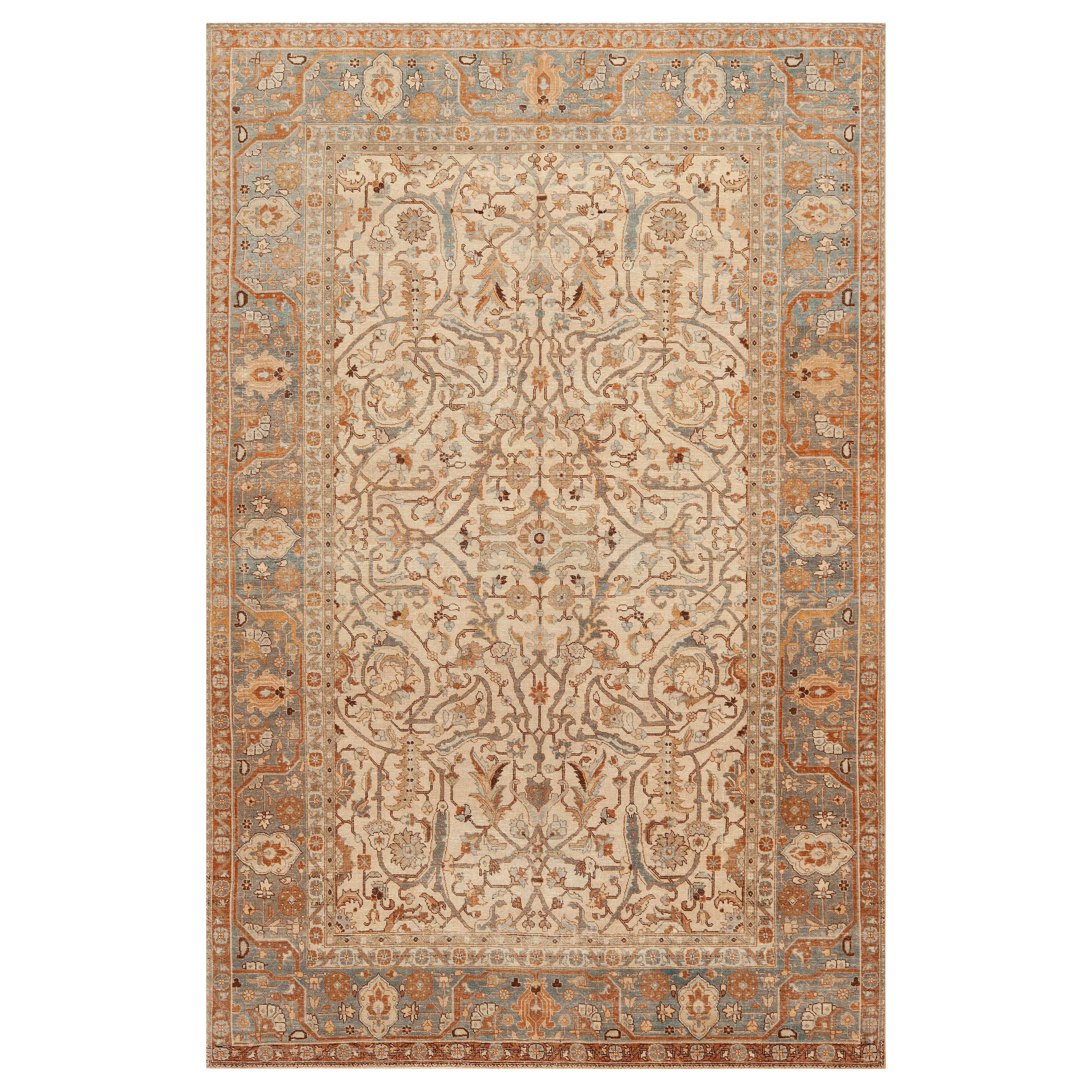Nazmiyal Collection Vintage Tabriz Teppich Blau und Ecru 6 ft 7 in x 10 ft im Angebot