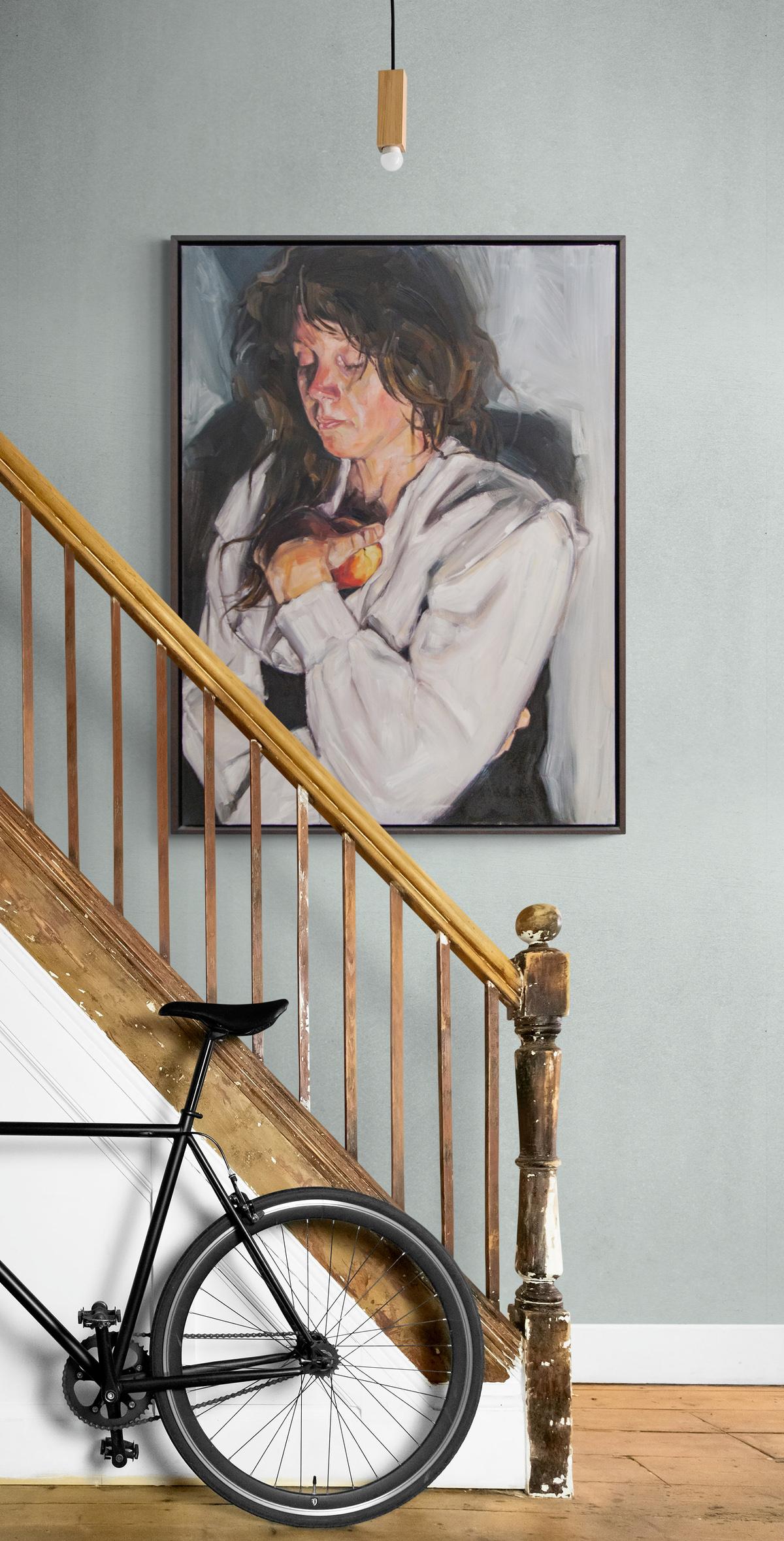Untitled (holding apple) - pensive, female, figurative, realism, oil on canvas For Sale 1