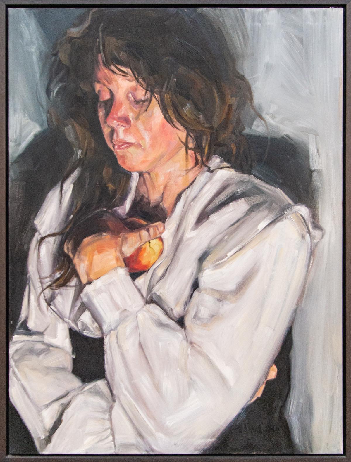 Nazy Sakhavarz Portrait Painting - Untitled (holding apple) - pensive, female, figurative, realism, oil on canvas