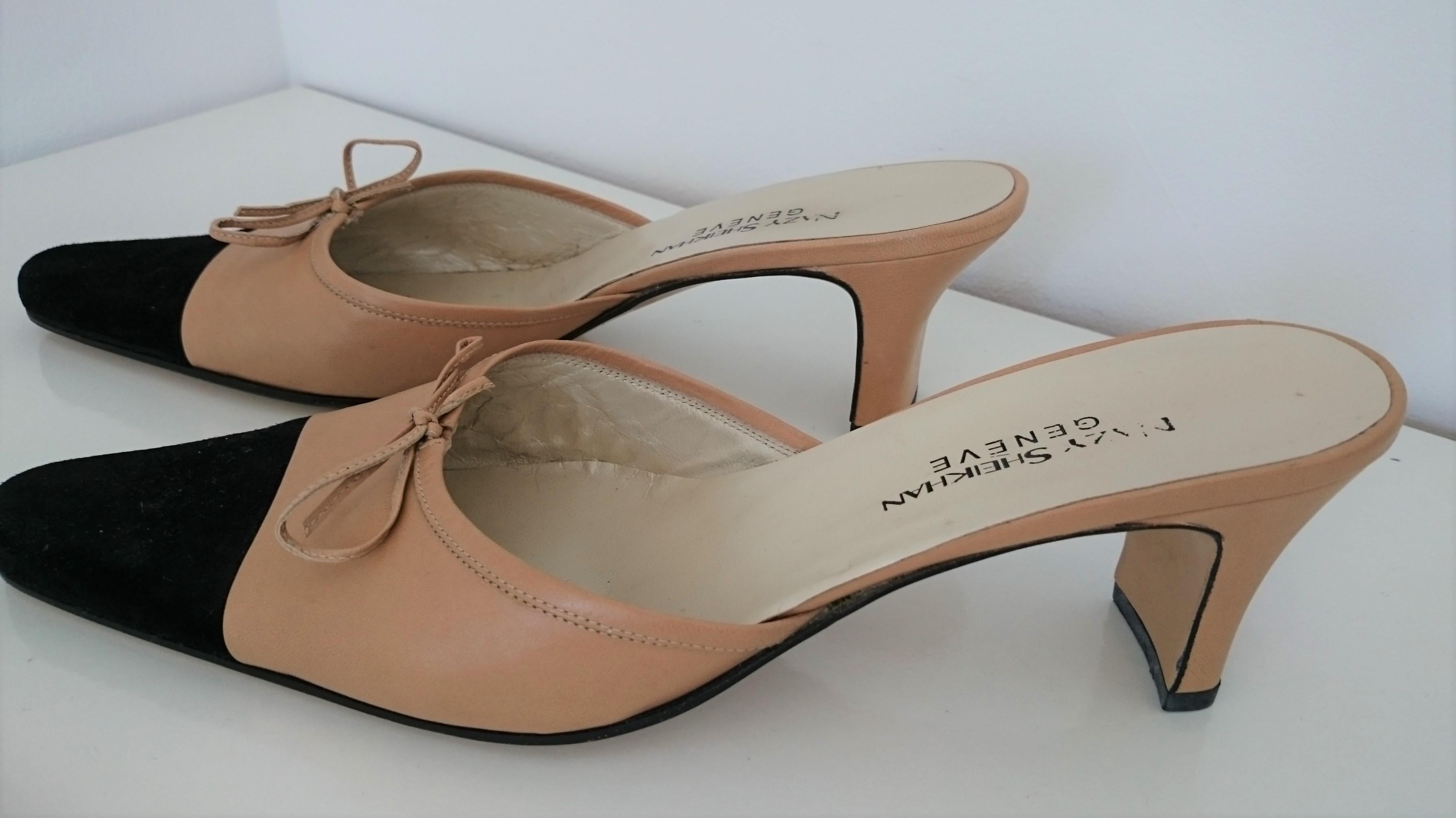 Nazy Sheikhan Bicolor Leather Medium Heels
Colors:Black and Beige 
Heel height: 6.5 cm
Conditions: New but kept between other shoes for a long time. On the back they have small scratches. You can see that they are not used by looking at the