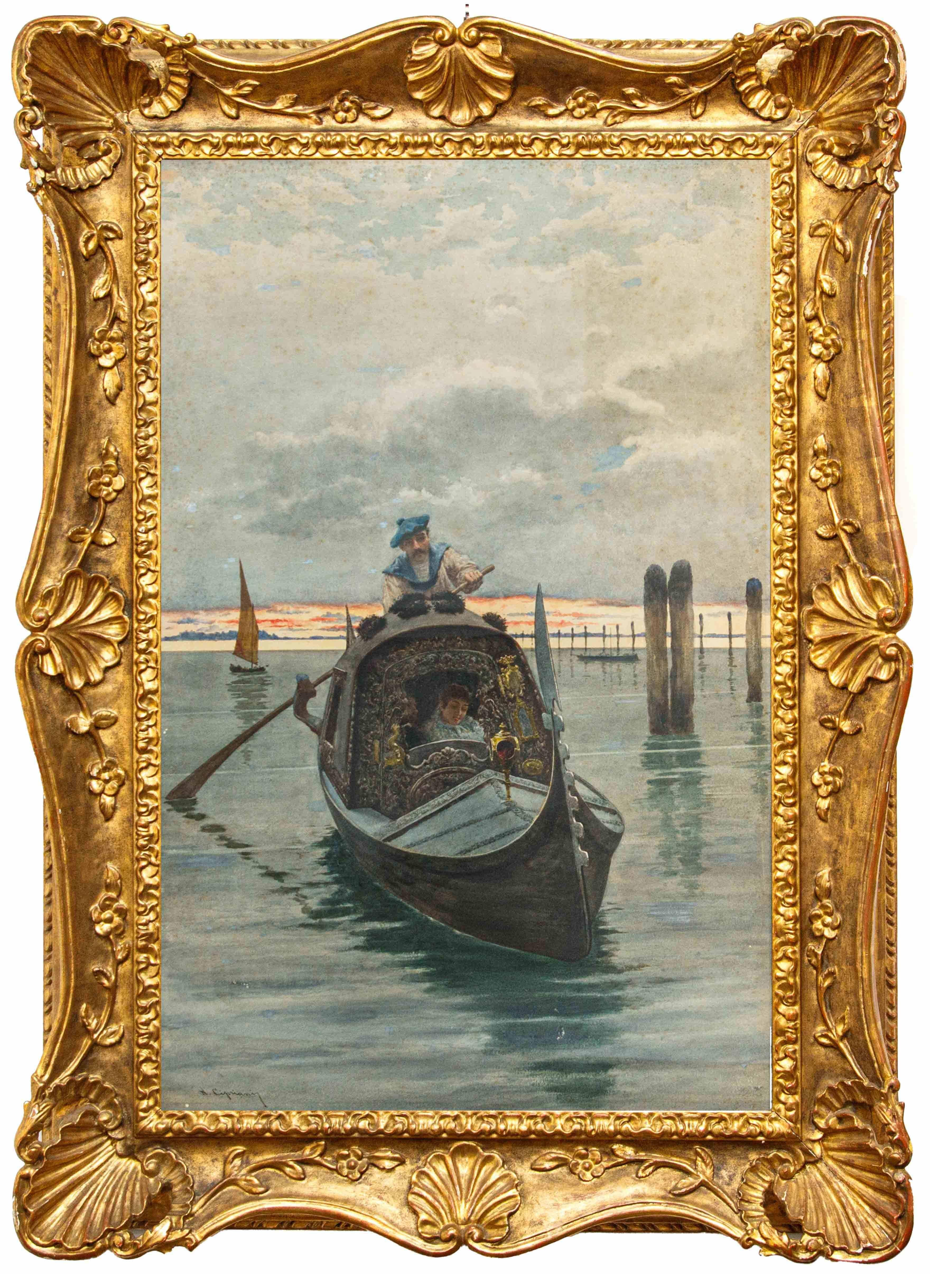 Nazzareno Cipriani (Rom, 1843 - 1925)

In einer Gondel

Aquarell auf Papier, 102,7 x 66,5 cm

Signiert unten links: N. Cipriani

Als Nachkomme einer venezianischen Familie, die sich im ersten Viertel des 19. Jahrhunderts in der Ewigen Stadt