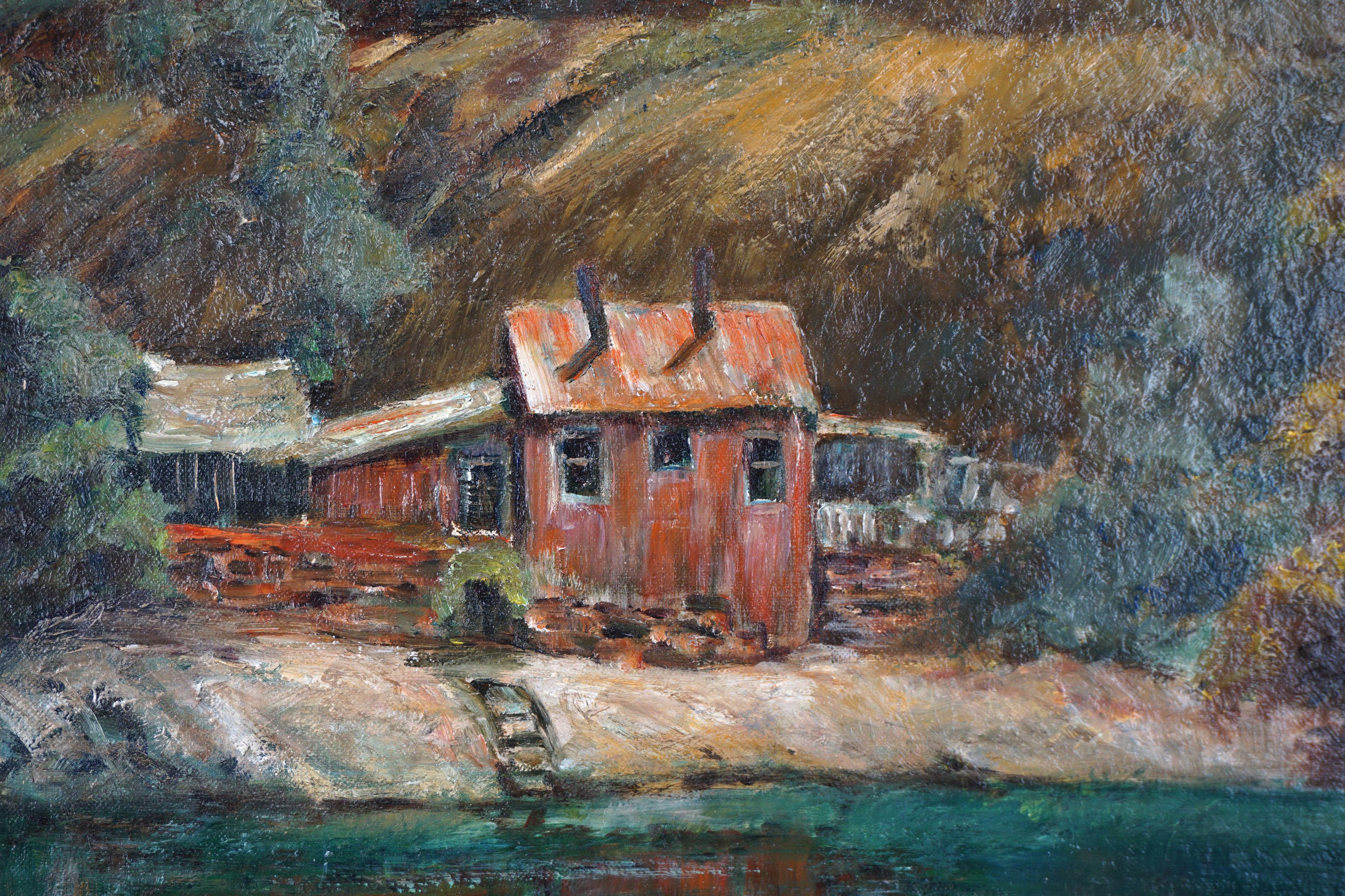 Mid Century Autumnal Yosemite Landscape --  Miner's Shack on Tuolumne River - Painting by N.C. McNickle
