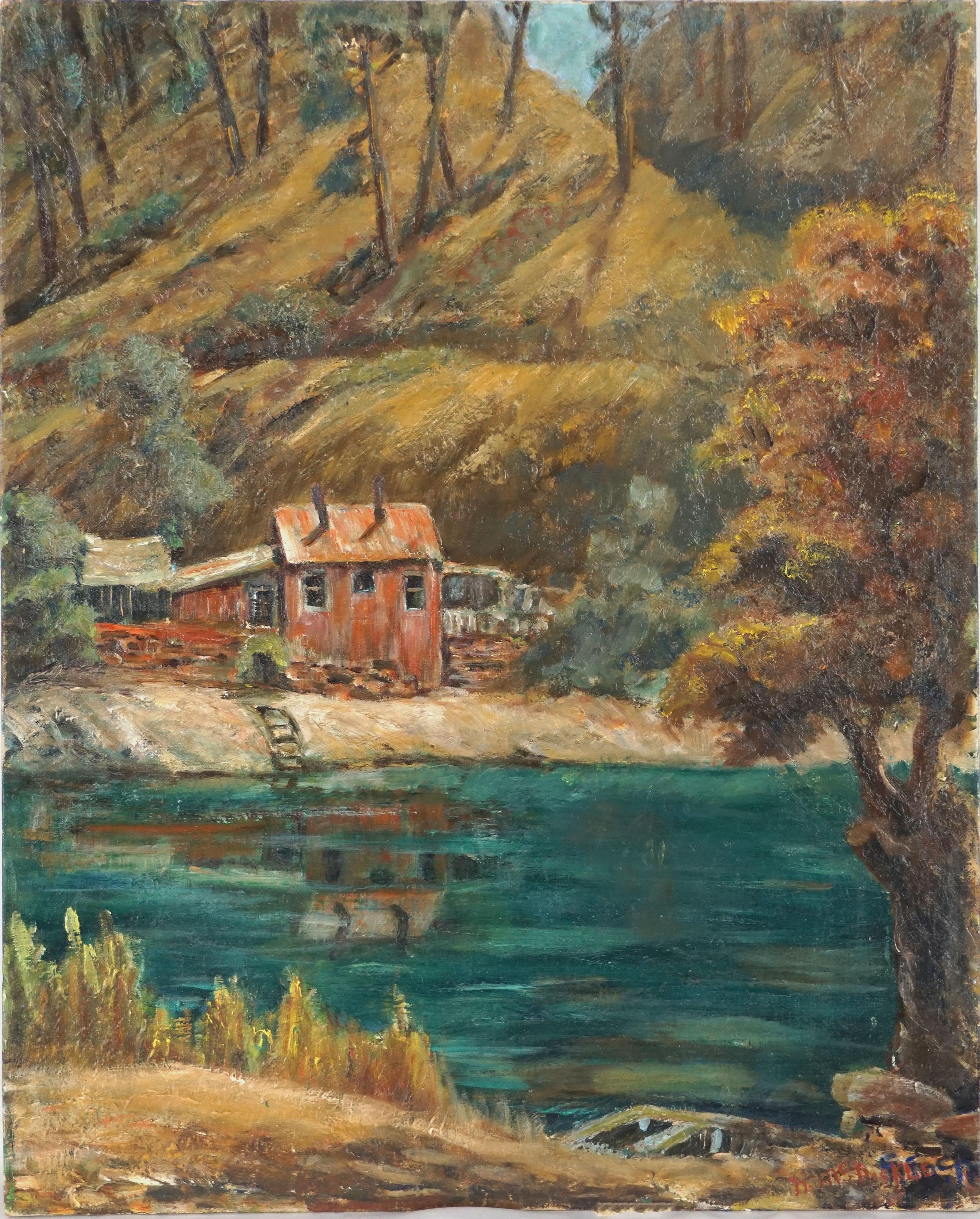 N.C. McNickle Landscape Painting - Mid Century Autumnal Yosemite Landscape --  Miner's Shack on Tuolumne River
