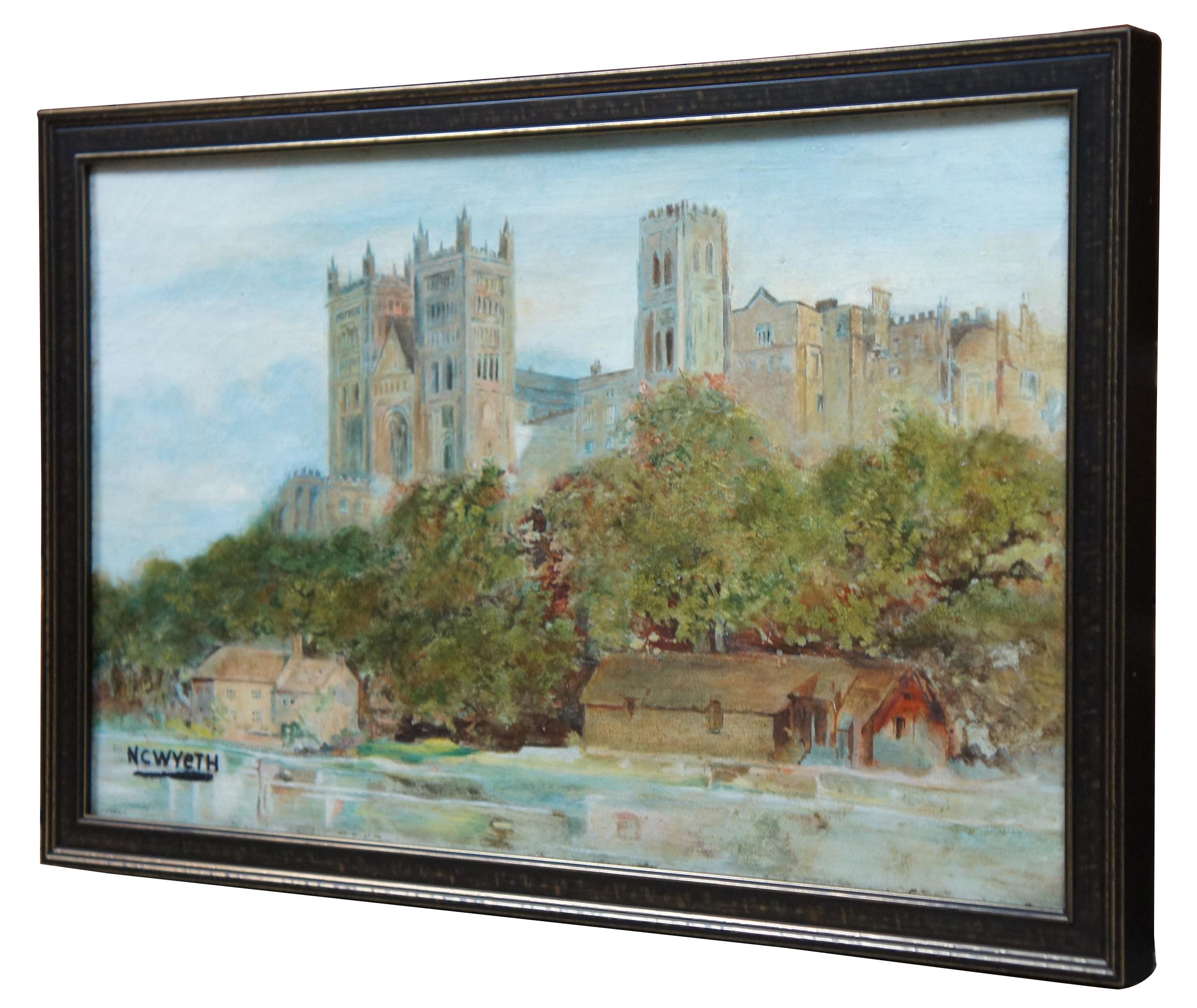 Early 20th century landscape painting of the Durham Cathedral in England, signed lower left. Attributed to N.C. Wyeth (b,1882-1945). Features Gothic or Romanesque inspired (Norman) architecture along the bend of the River Wear with the Mill House.