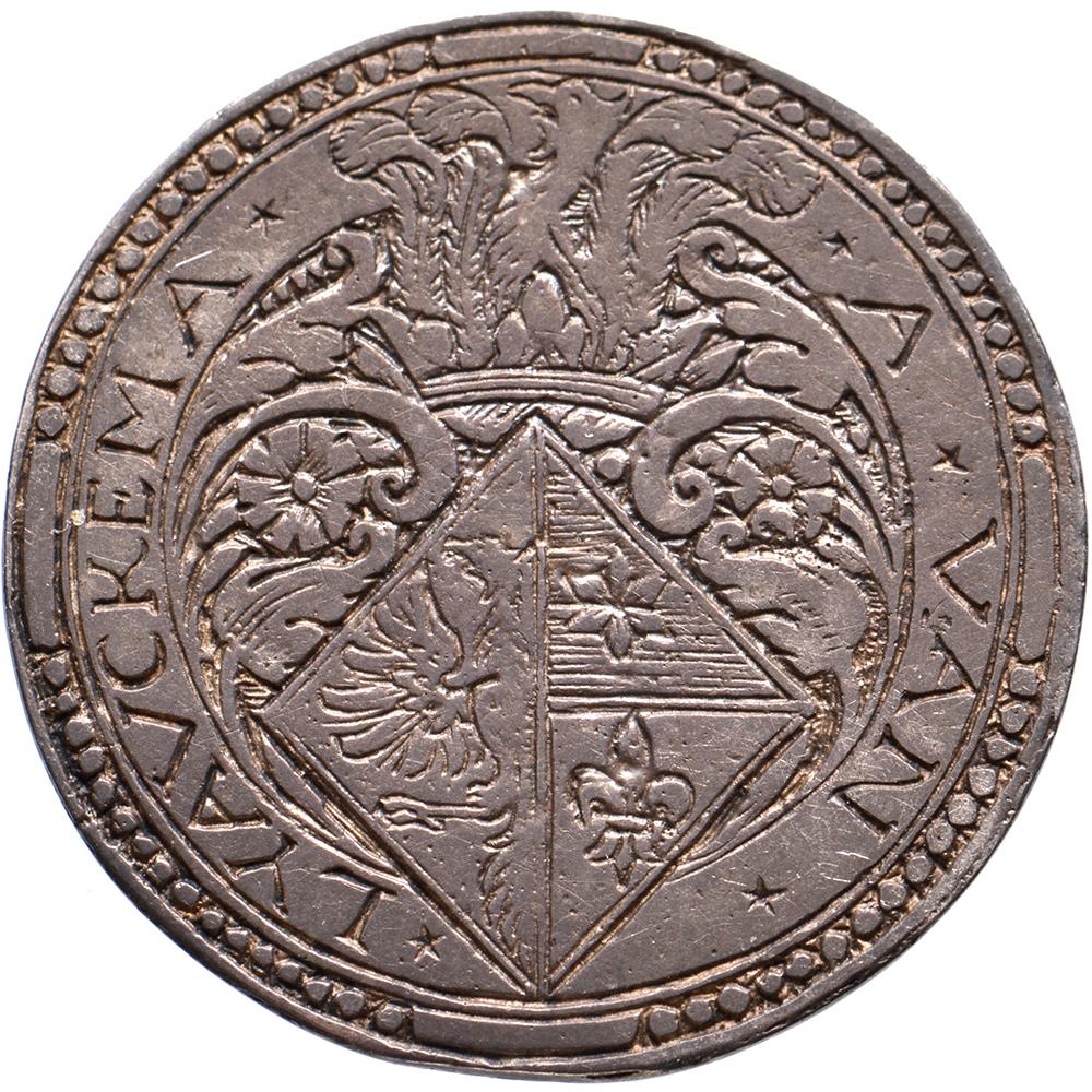 Obverse: H ✶ VAN ✶ – HERMANA ✶, crowned coat of arms with lion crest
Reverse: ✶ A ✶ VAN ✶ – ✶ LYAUCKEMA ✶, crowned diamond-shaped coat of arms

Earliest known Dutch wedding medal and also the first engraved Dutch wedding medal

OF THE VERY HIGHEST
