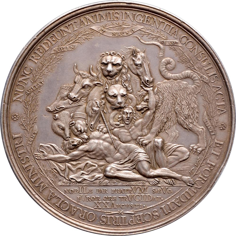 Vorderseite: CORNELIVS DE WITT. NAT. A. 1623 (roosje) IOHANNED DE WITT. NAT. A. 1625, im Binnencirkel: SCELERIS QVE PVRVS - INTEGER VITAE:, Büsten von Johan und Cornelis de Witt einander zugewandt, unter den Büsten: AVRY - FEC, op lint HIC ARMIS -
