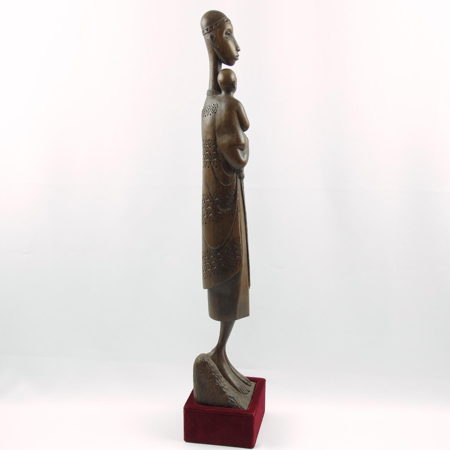 African Tutsi Rwanda Wooden Sculpture Madonna and Baby by Ndatite Ilo For Sale 2