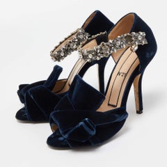 N&deg;21 Navy Blue Velvet Crystal Embellished Ankle Strap Sandals Size 36