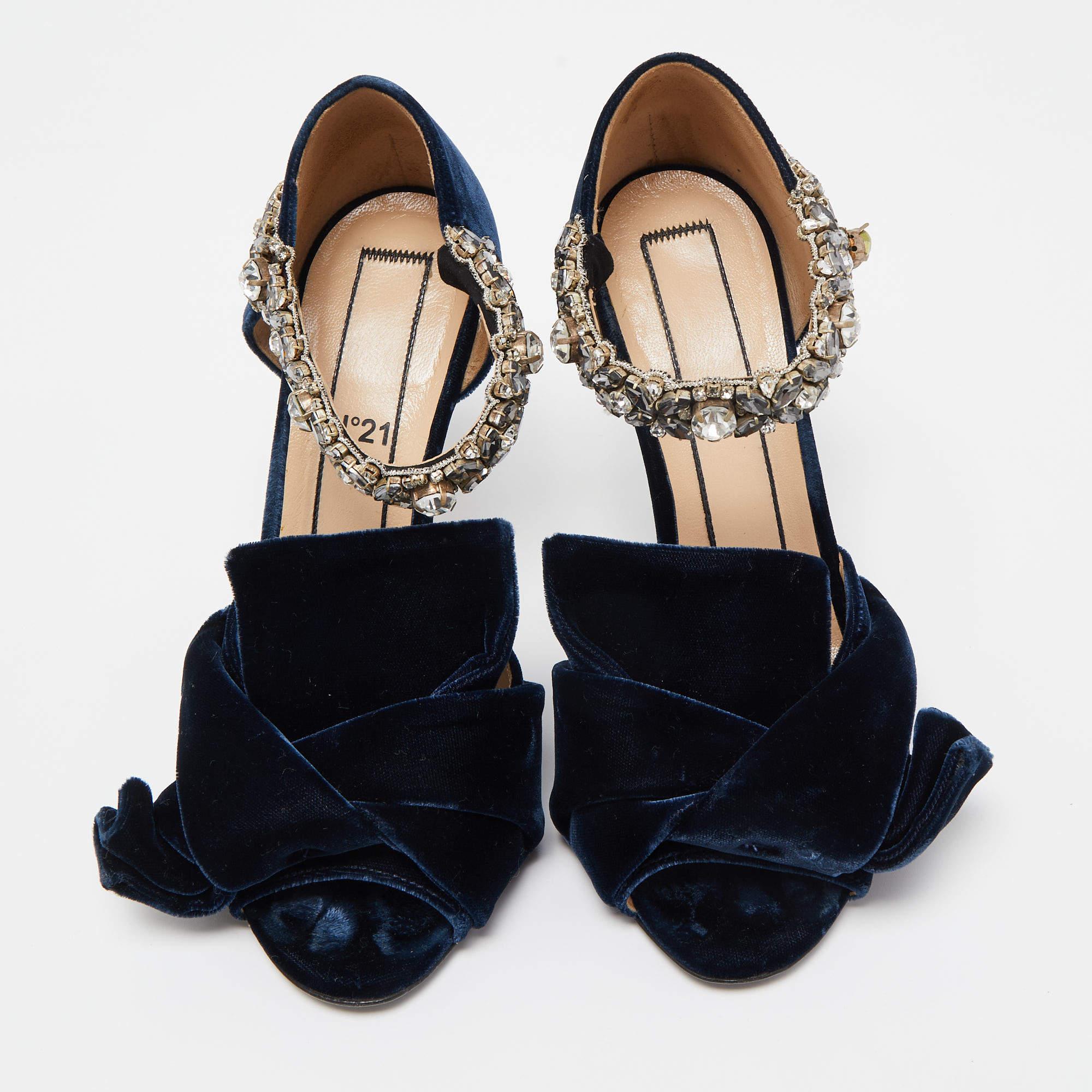 Nero N°21 Sandali con cinturino alla caviglia in velluto blu navy impreziositi da cristalli misura 36 in vendita