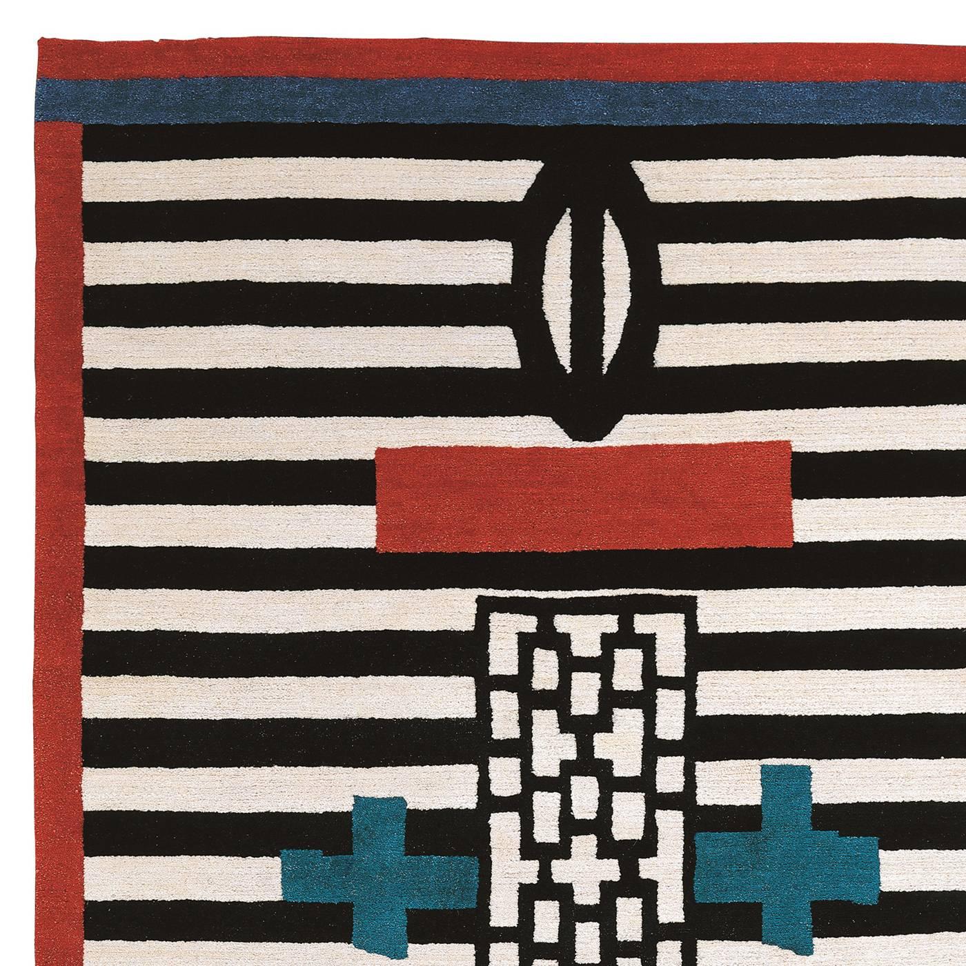 Designed by Nathalie Du Pasquier for Post Design, this striking carpet uses modern decorative patterns in the timeless color combination of black and white with accents in red and blue. The result is a modern piece, part of a limited series of 36,
