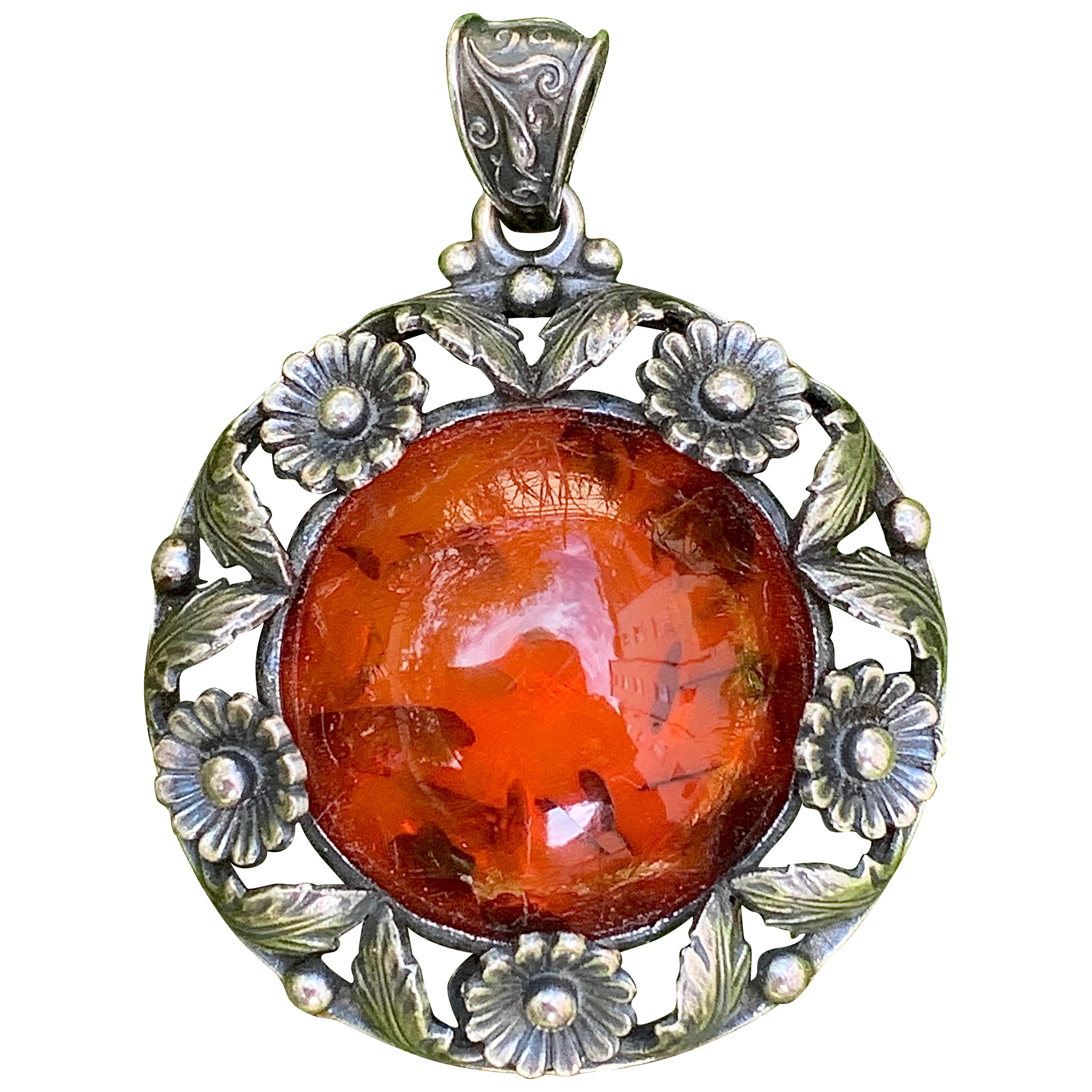 N.E. Signierter Sterlingsilber-Anhänger Bernstein-Cabochon Dänischer Silberschmuck im Angebot