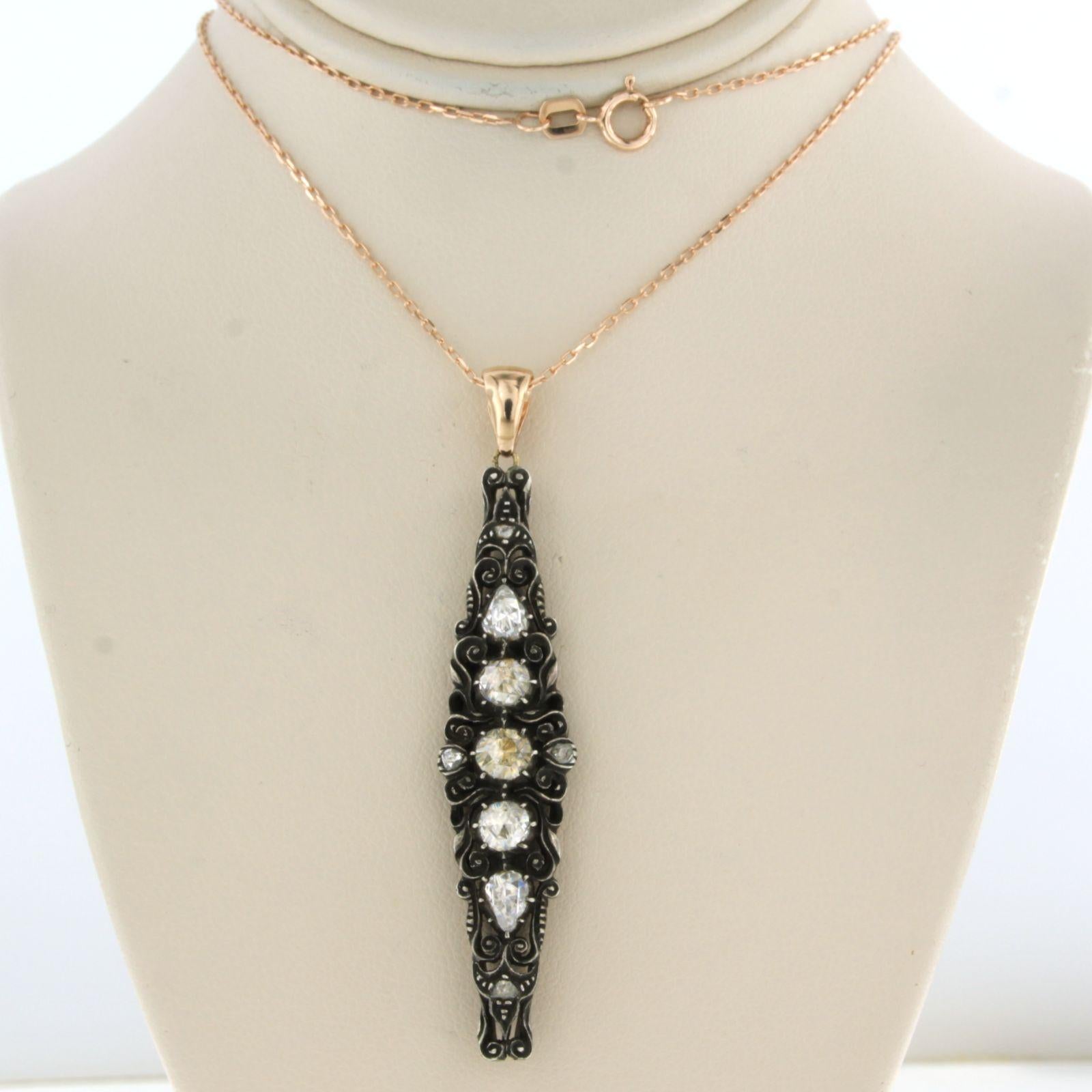 Early Victorian Neacklace and pendant with rose cut diamond up to0.80ct 14k pink gold and silver For Sale
