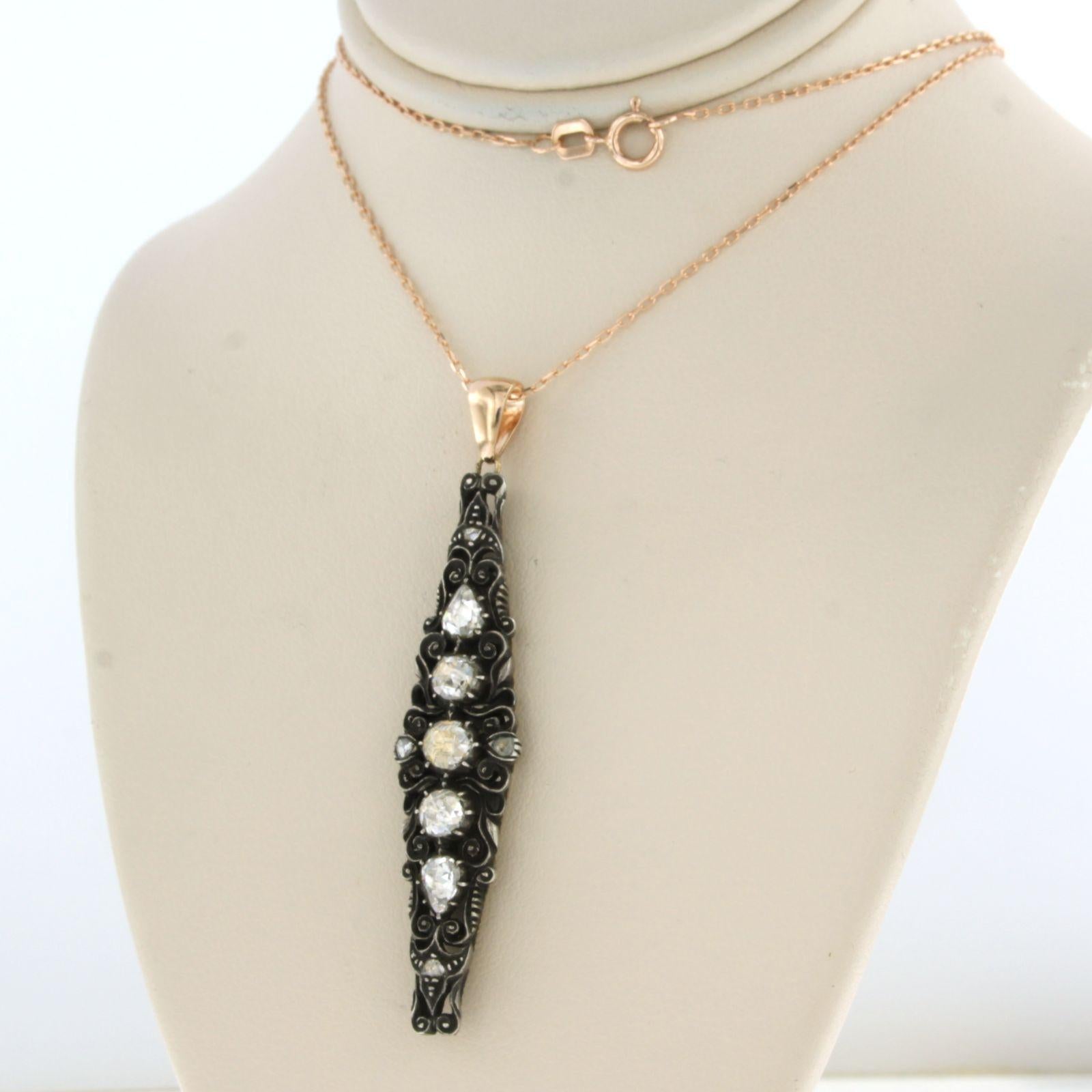 Neacklace and pendant with rose cut diamond up to0.80ct 14k pink gold and silver In Excellent Condition For Sale In The Hague, ZH