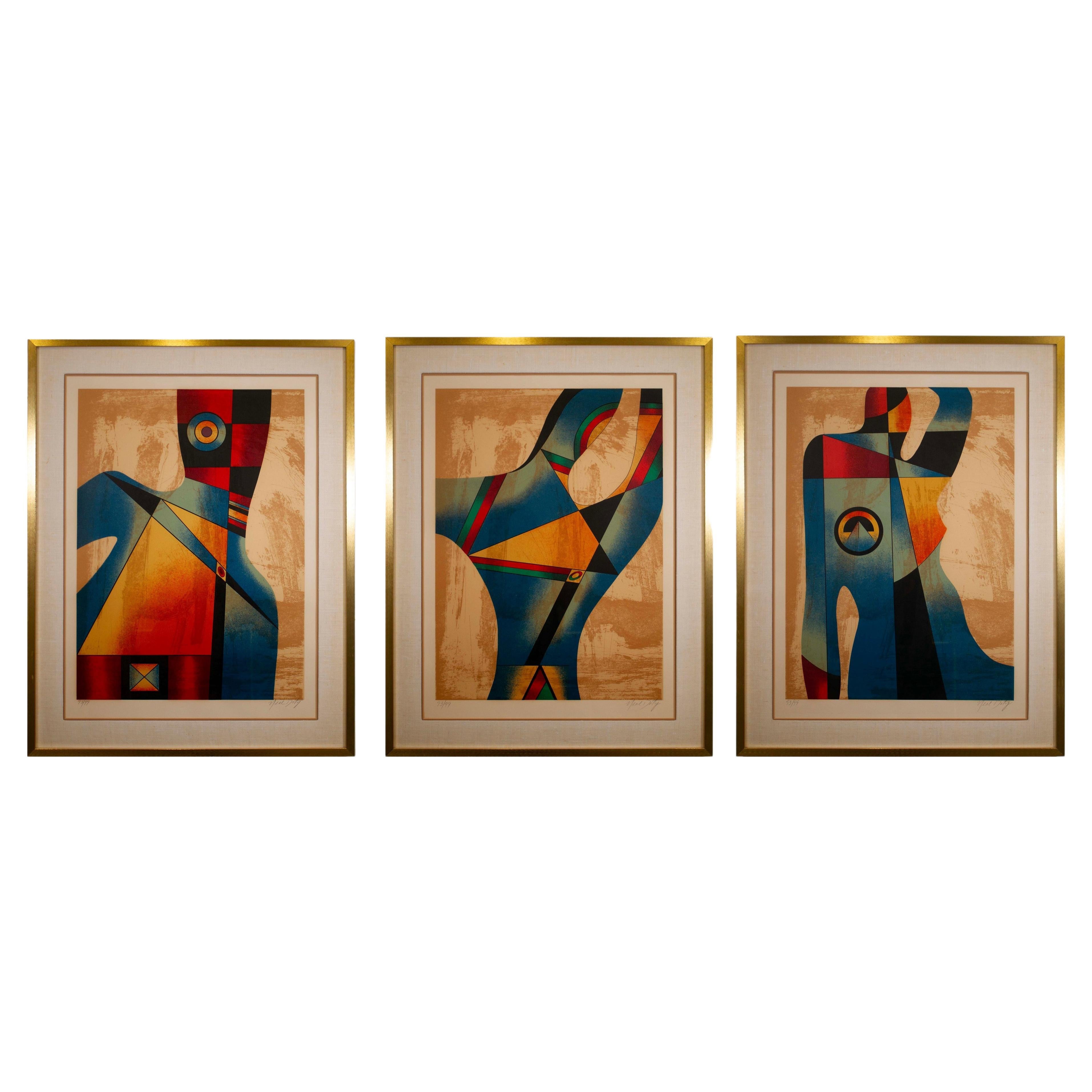 Abstraktes surrealistisches Triptychon von Neal Doty, signierte Serigrafie auf Papier 93/99, gerahmt